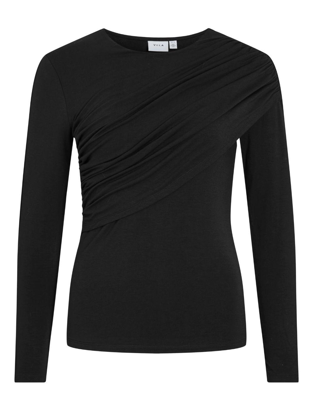 Camiseta Vila Sempa negra manga larga fruncida para mujer