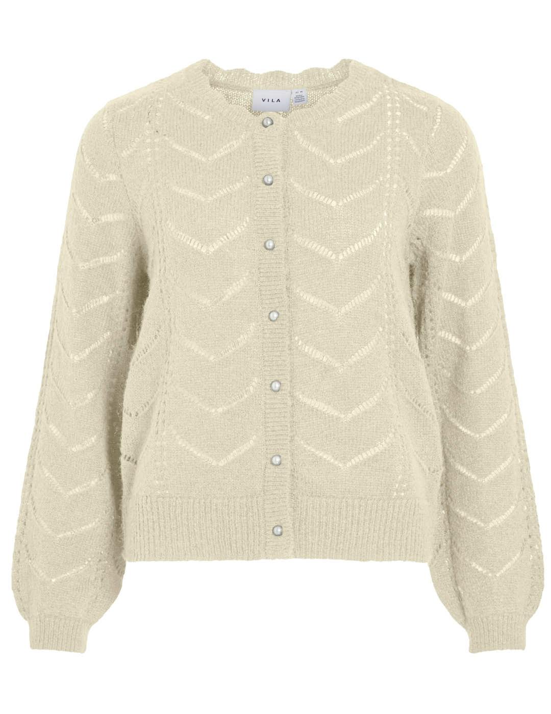Cárdigan Vila Tuli beige calada manga globo para mujer