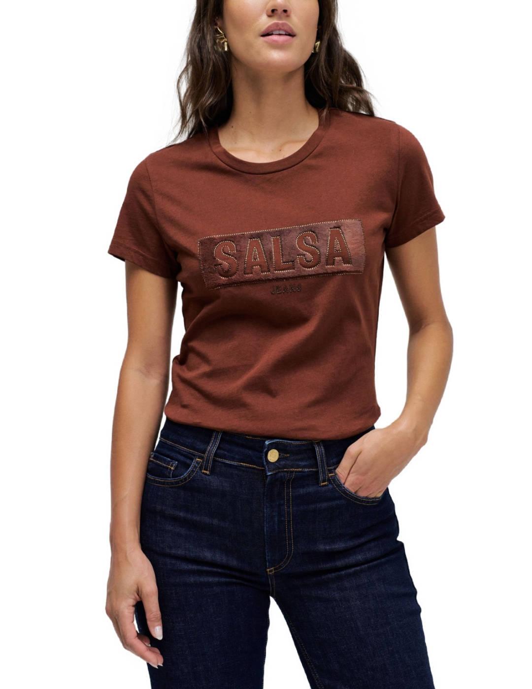 Camiseta Salsa logo marrón con ante manga corta para mujer