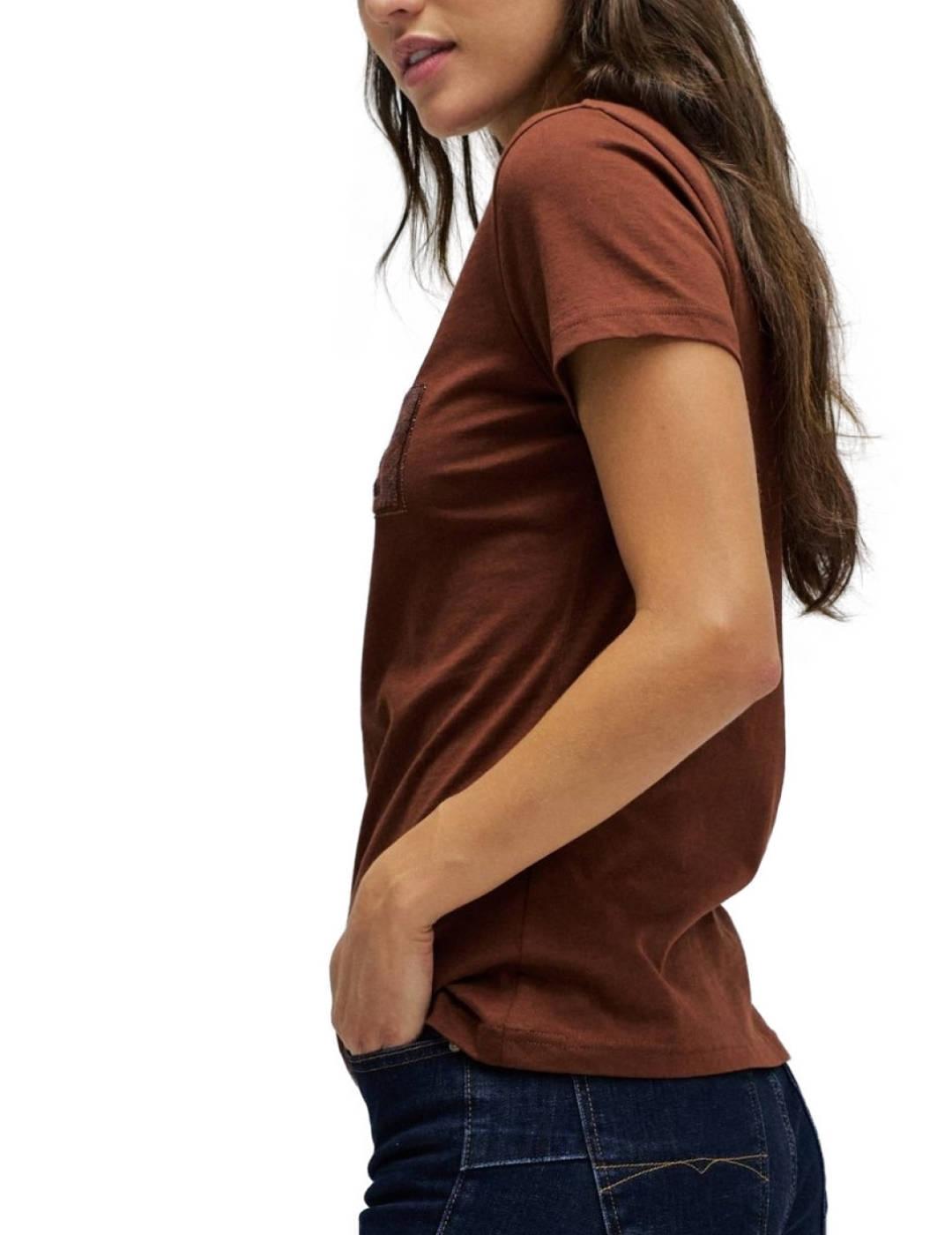 Camiseta Salsa logo marrón con ante manga corta para mujer