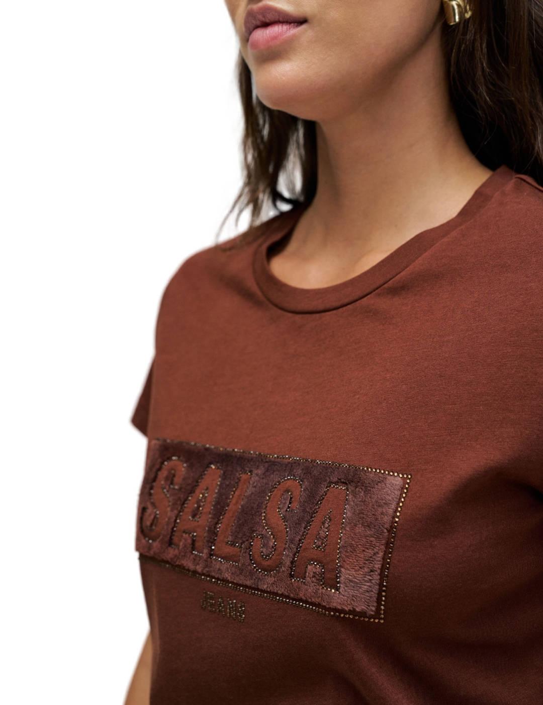 Camiseta Salsa logo marrón con ante manga corta para mujer