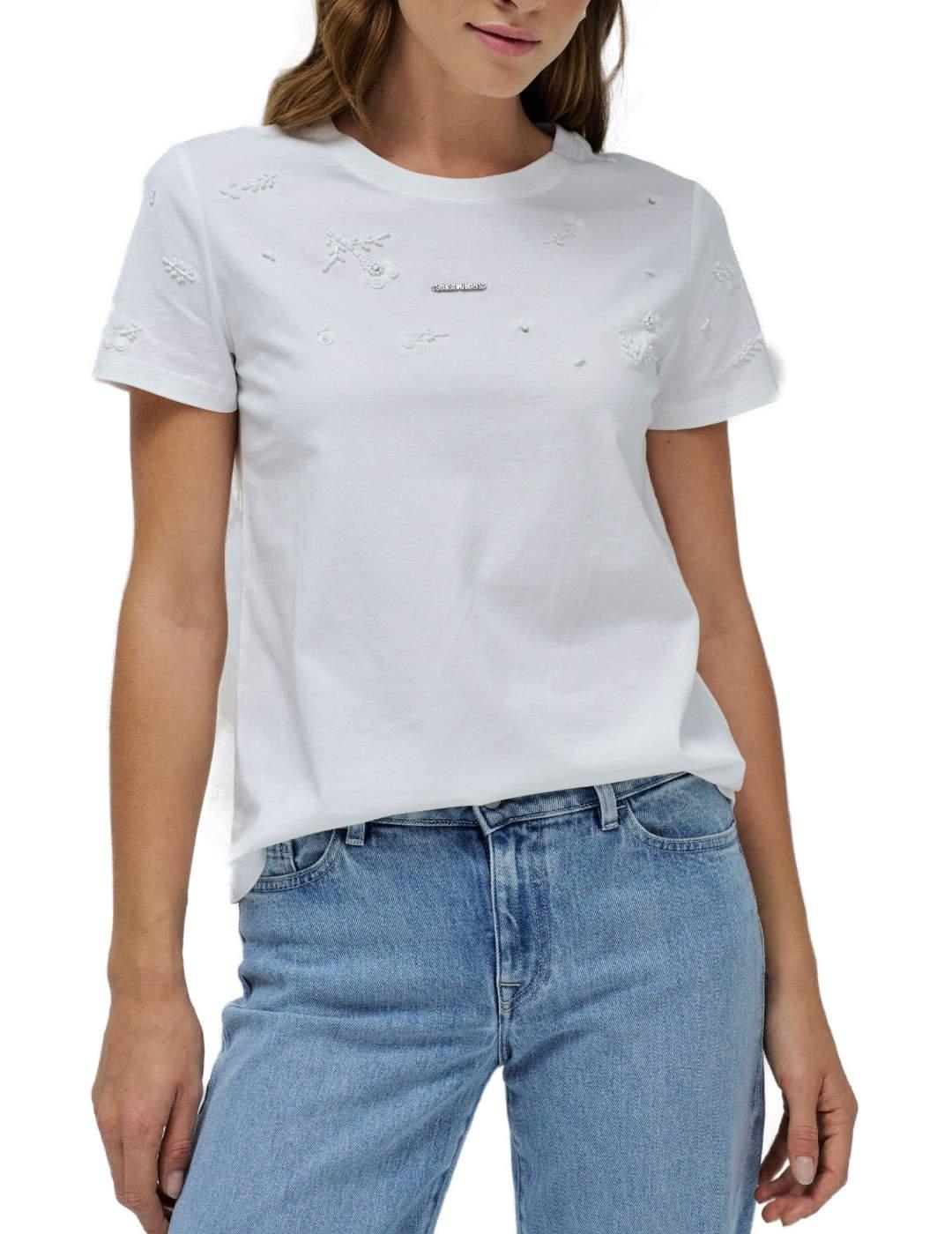 Camiseta Salsa logo pequeño blanca detalle pedrería de mujer