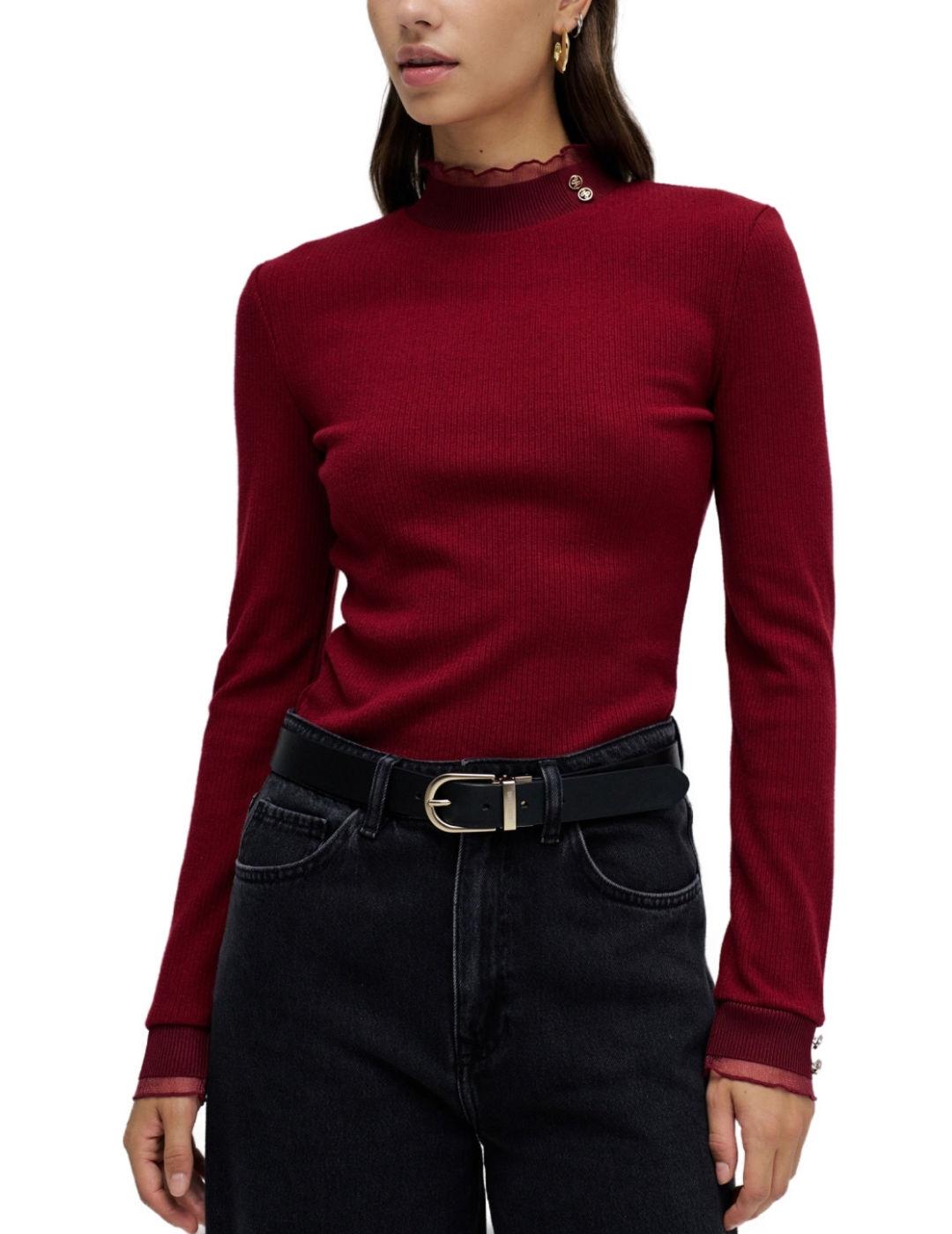 Jersey Salsa cuello altocon detalles en tul  rojo de mujer