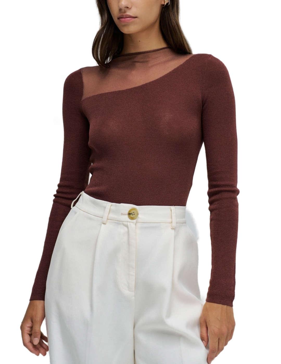 Jersey Salsa marrón punto escote asimétrico para mujer