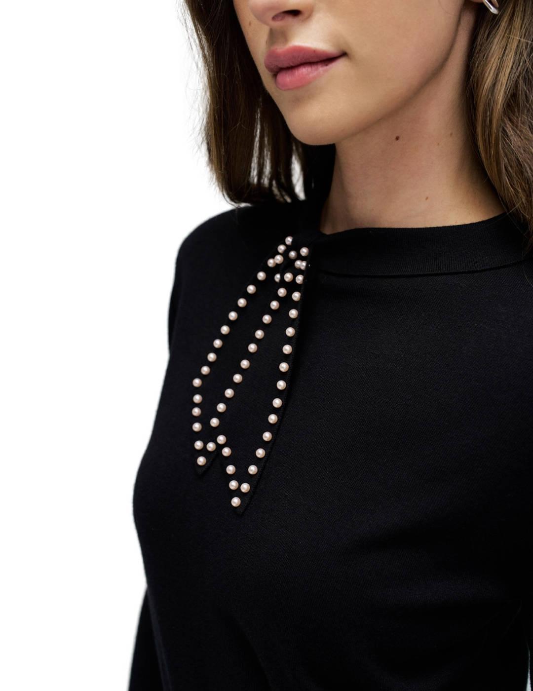 Jersey Salsa negro detalle lazo con perlas para mujer