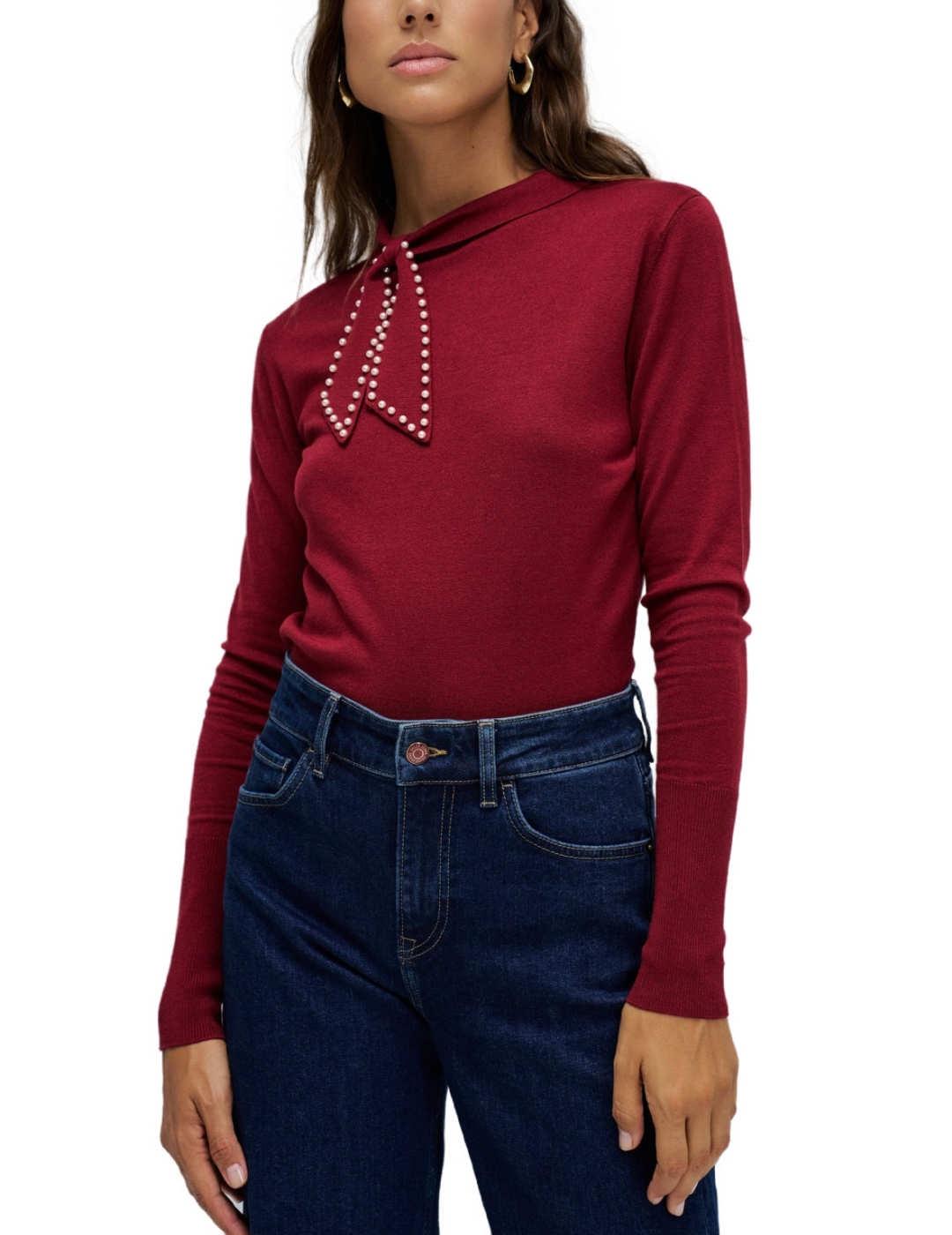 Jersey Salsa rojo detalle lazo con perlas de mujer