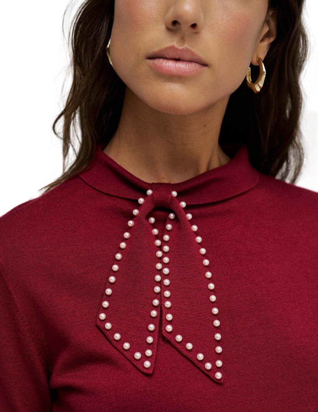 Jersey Salsa rojo detalle lazo con perlas de mujer