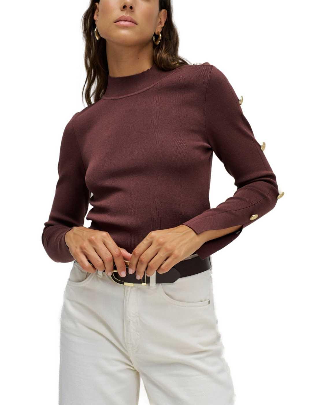 Jersey Salsa marrón botones dorados en manga de mujer