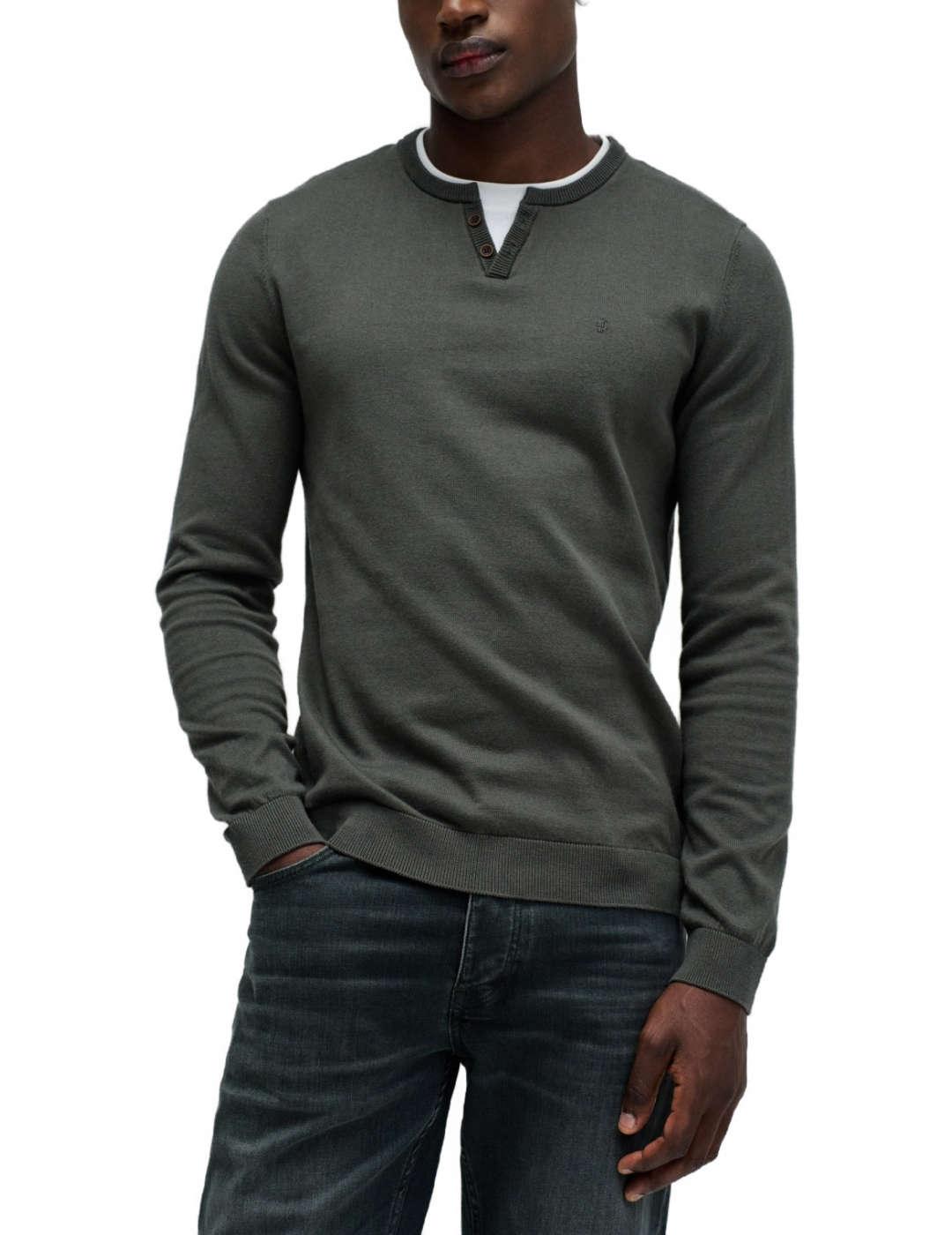 Jersey Salsa verde cuello camiseta de punto fino de hombre