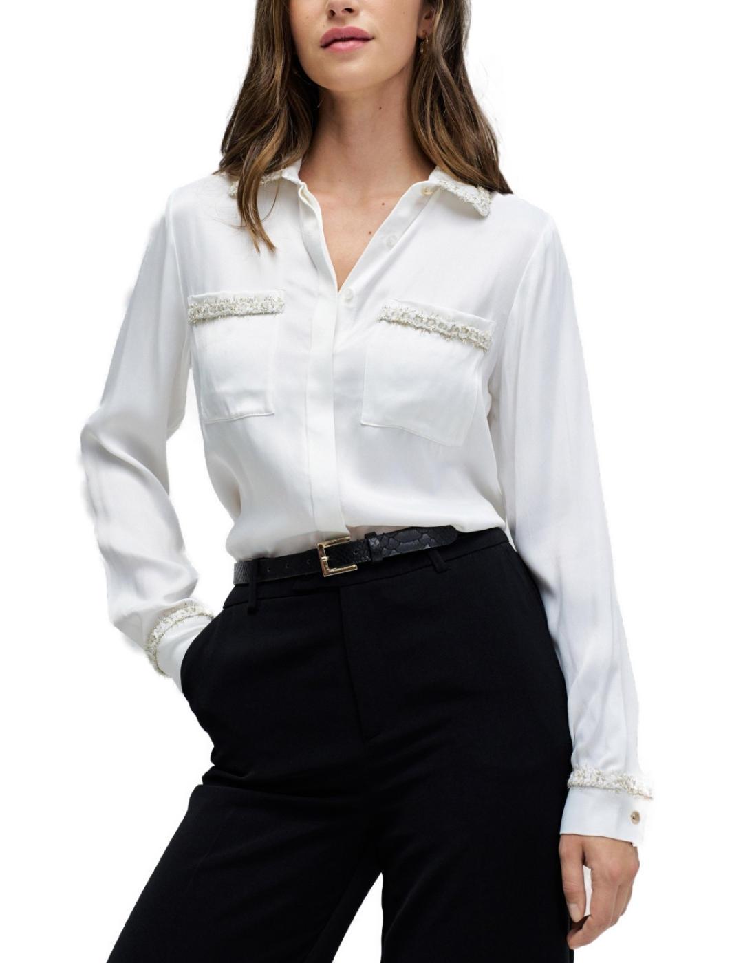 Camisa Salsa blanca satinada detalles tweed para mujer
