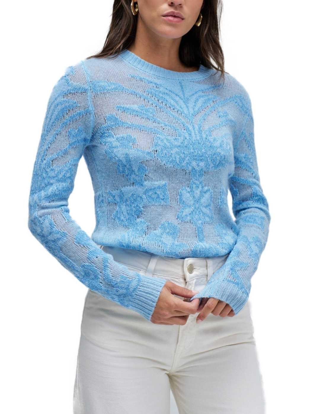 Jersey Salsa Intarsia azul floral con lana para mujer