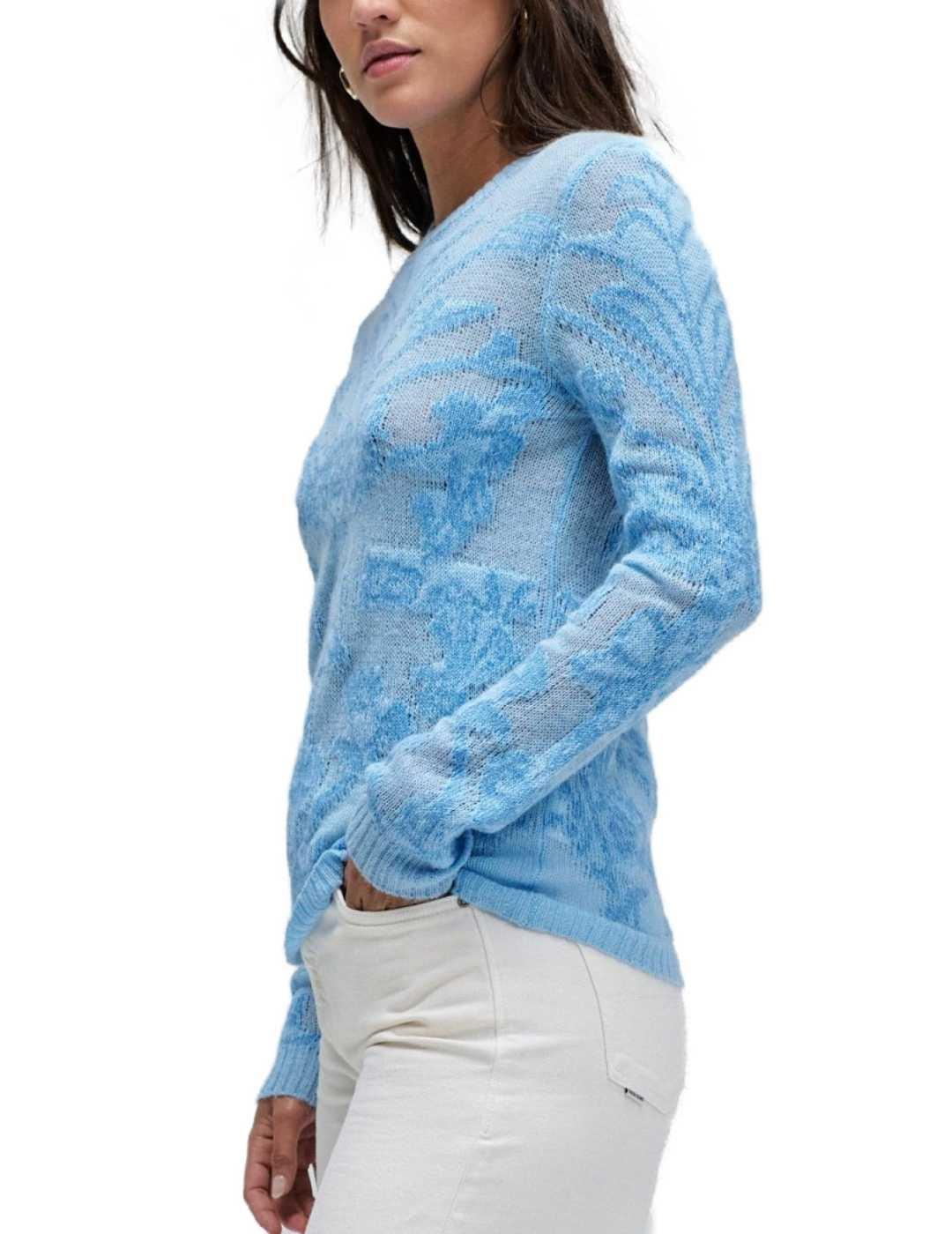Jersey Salsa Intarsia azul floral con lana para mujer