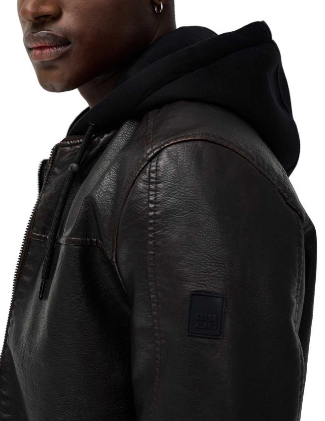 Chaqueta Salsa marrón polipiel con capucha para hombre