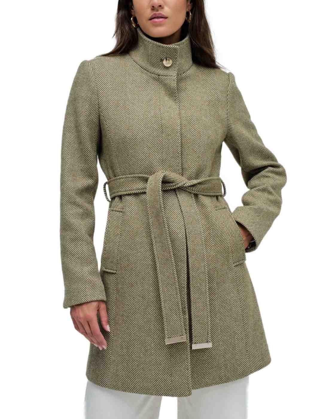 Abrigo Salsa verde jaspeado con cinturón con lana de mujer