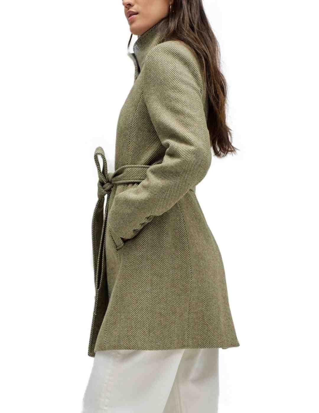 Abrigo Salsa verde jaspeado con cinturón con lana de mujer