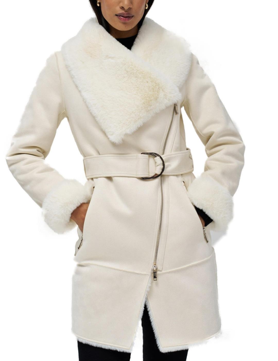 Abrigo Salsa blanco roto de ante con pelo y cinturón mujer