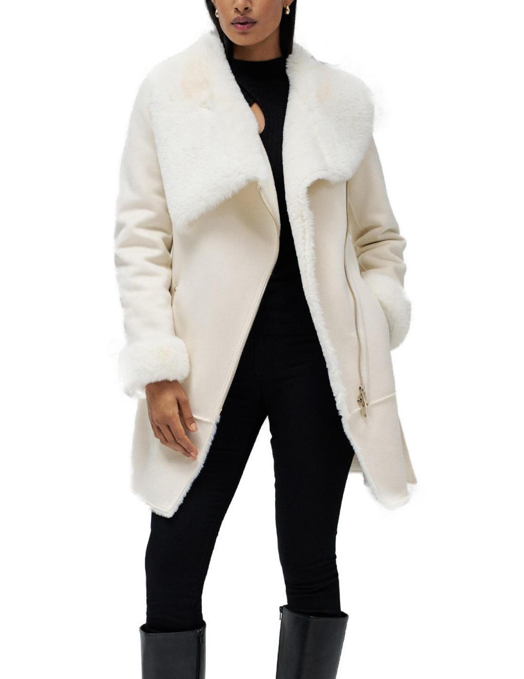 Abrigo Salsa blanco roto de ante con pelo y cinturón mujer