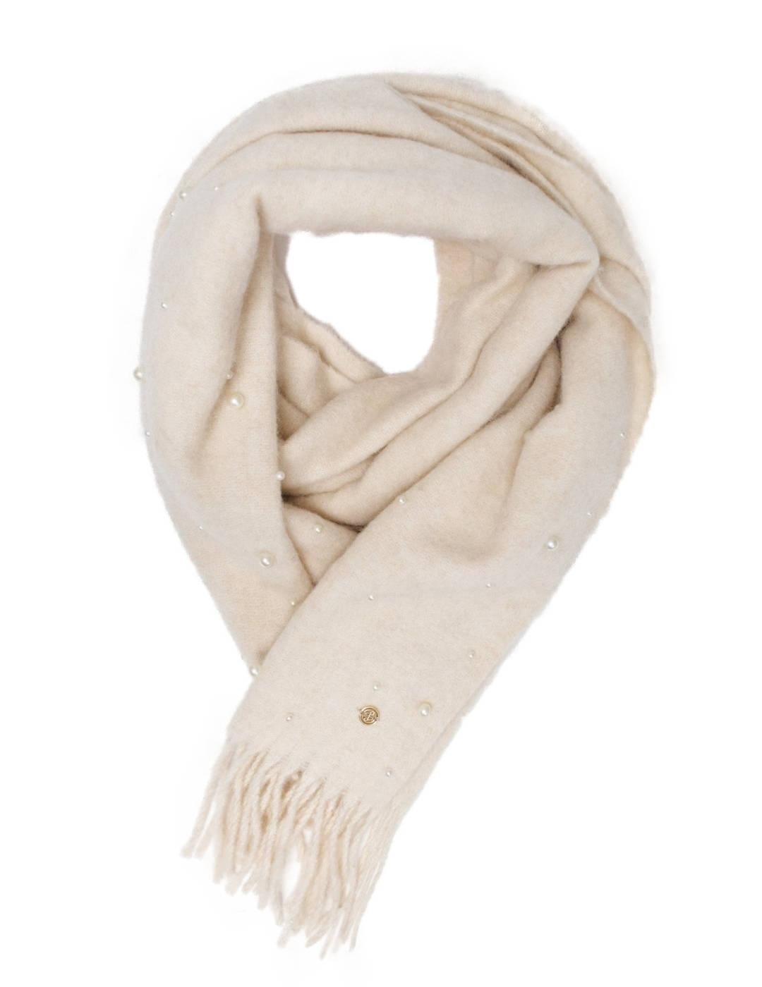 Bufanda Salsa crema detalle perlas y flecos para mujer