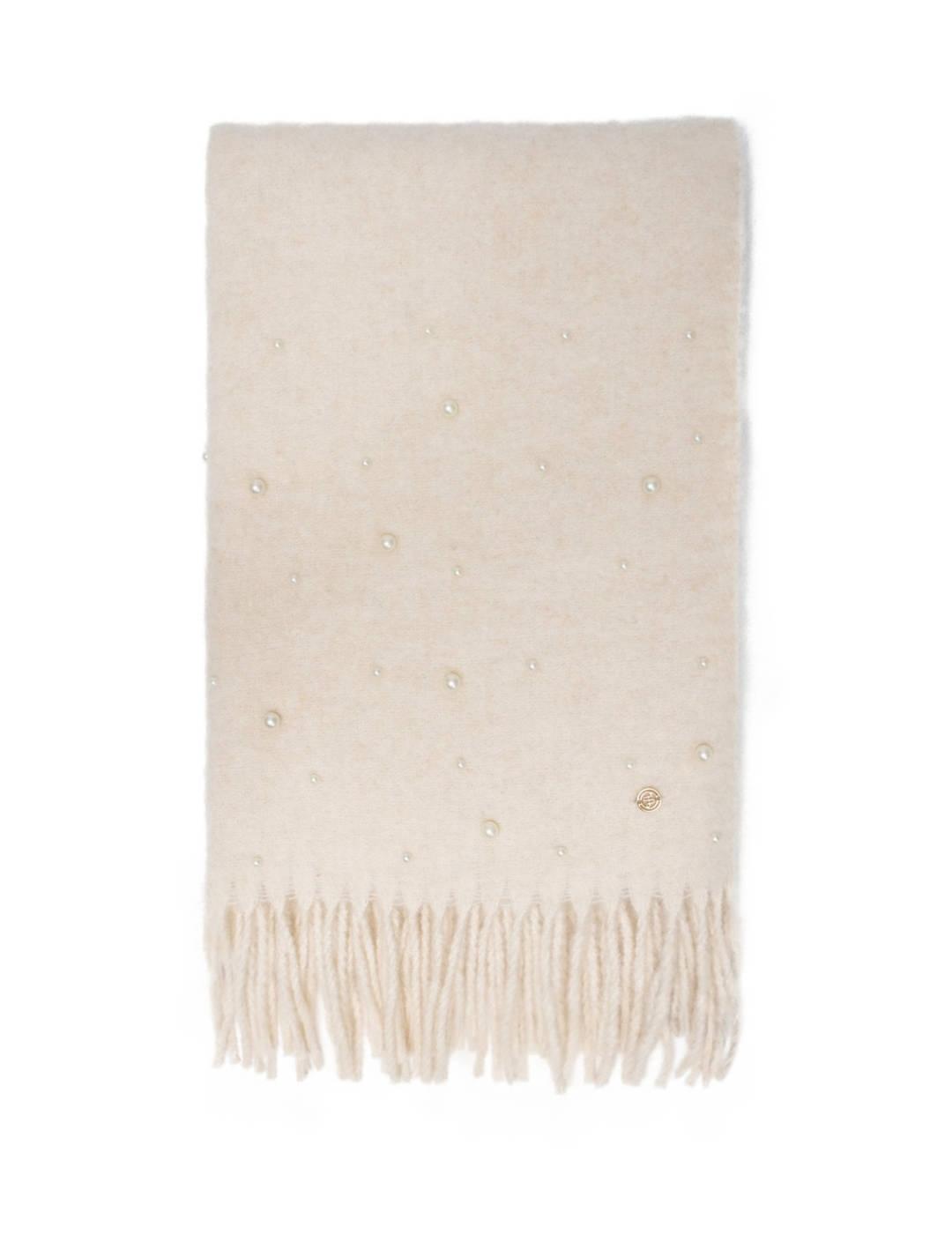 Bufanda Salsa crema detalle perlas y flecos para mujer