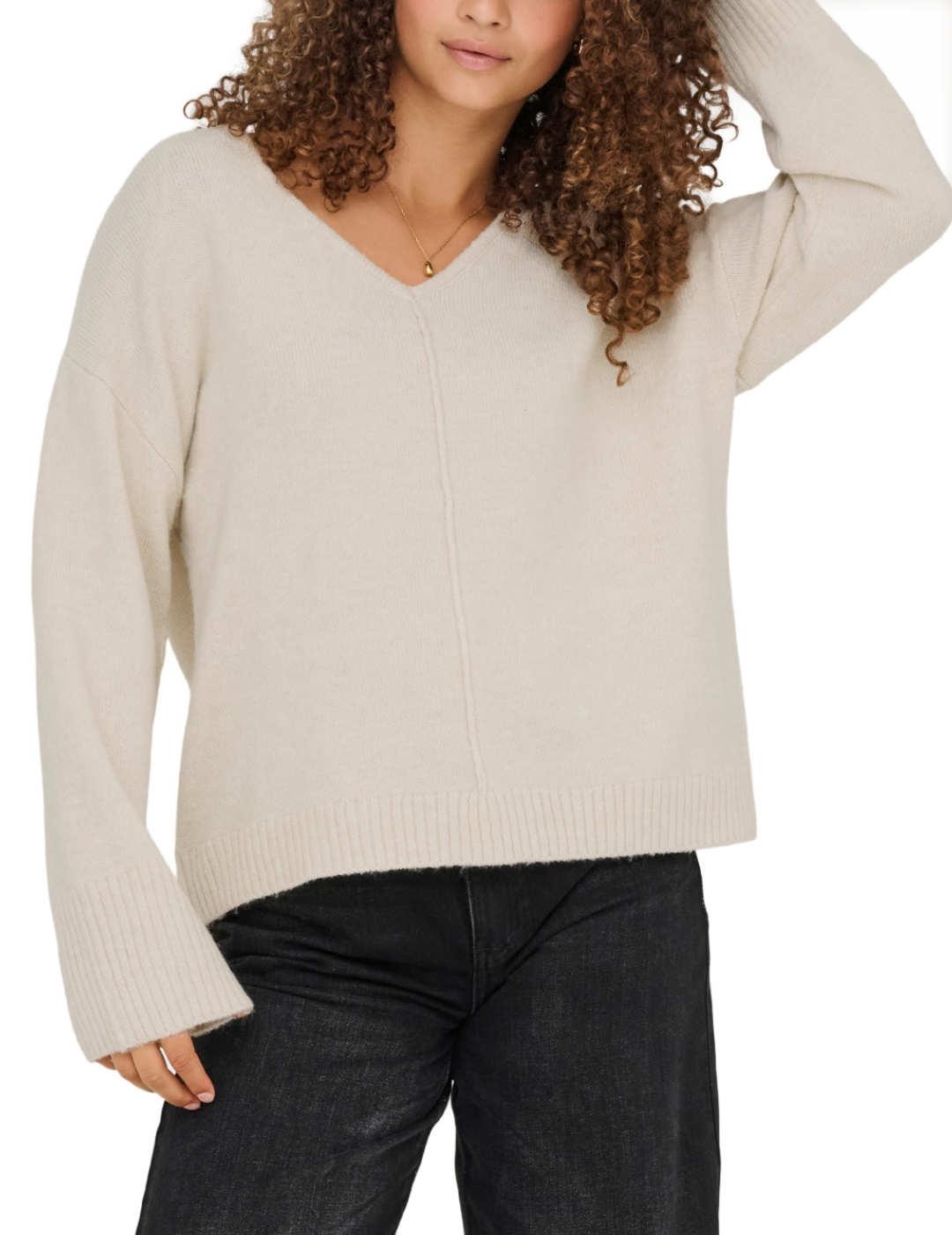 Jersey Only Whitney beige cuello pico hombros caídos mujer