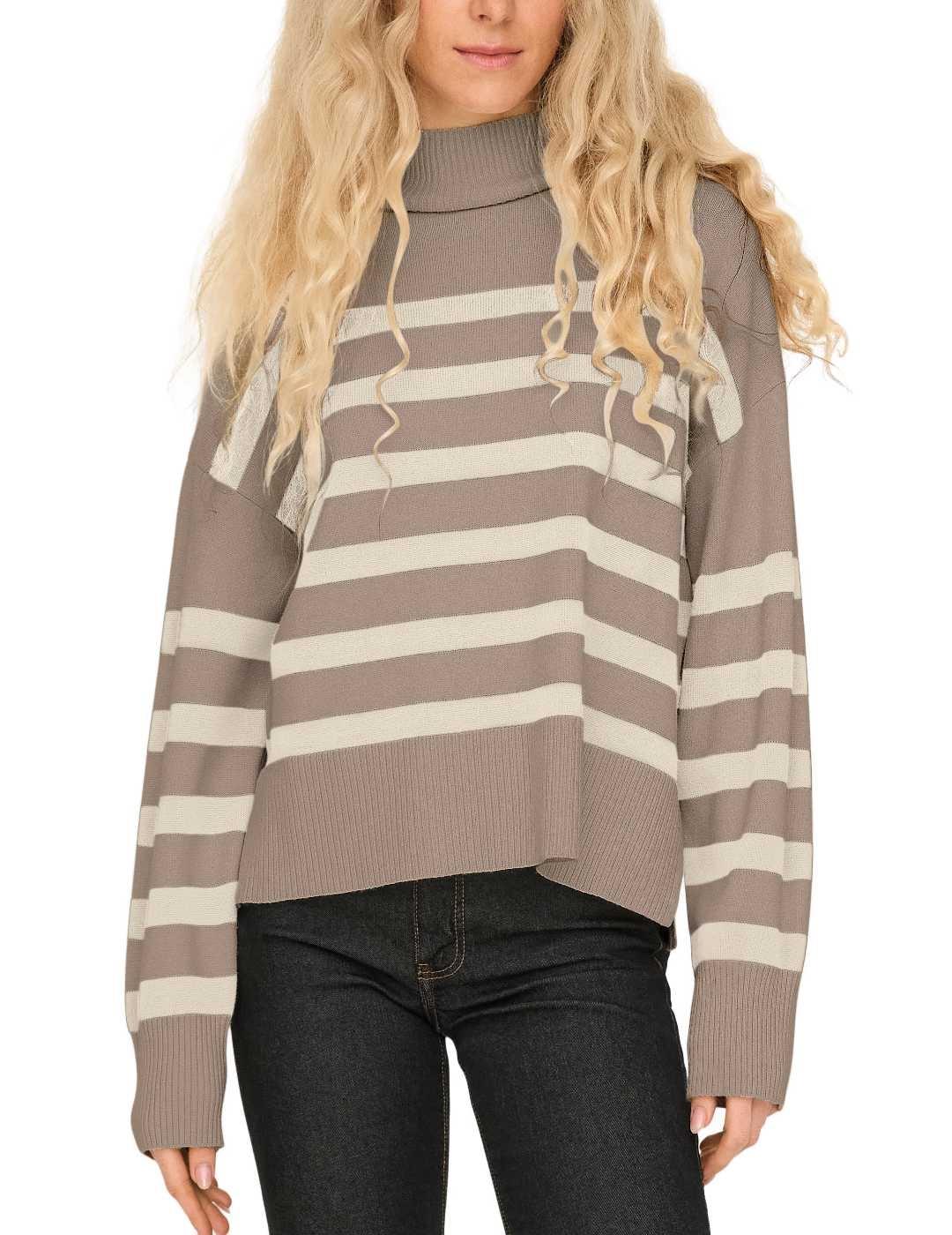 Jersey Only Bari marrón claro rayas beige cuello de mujer