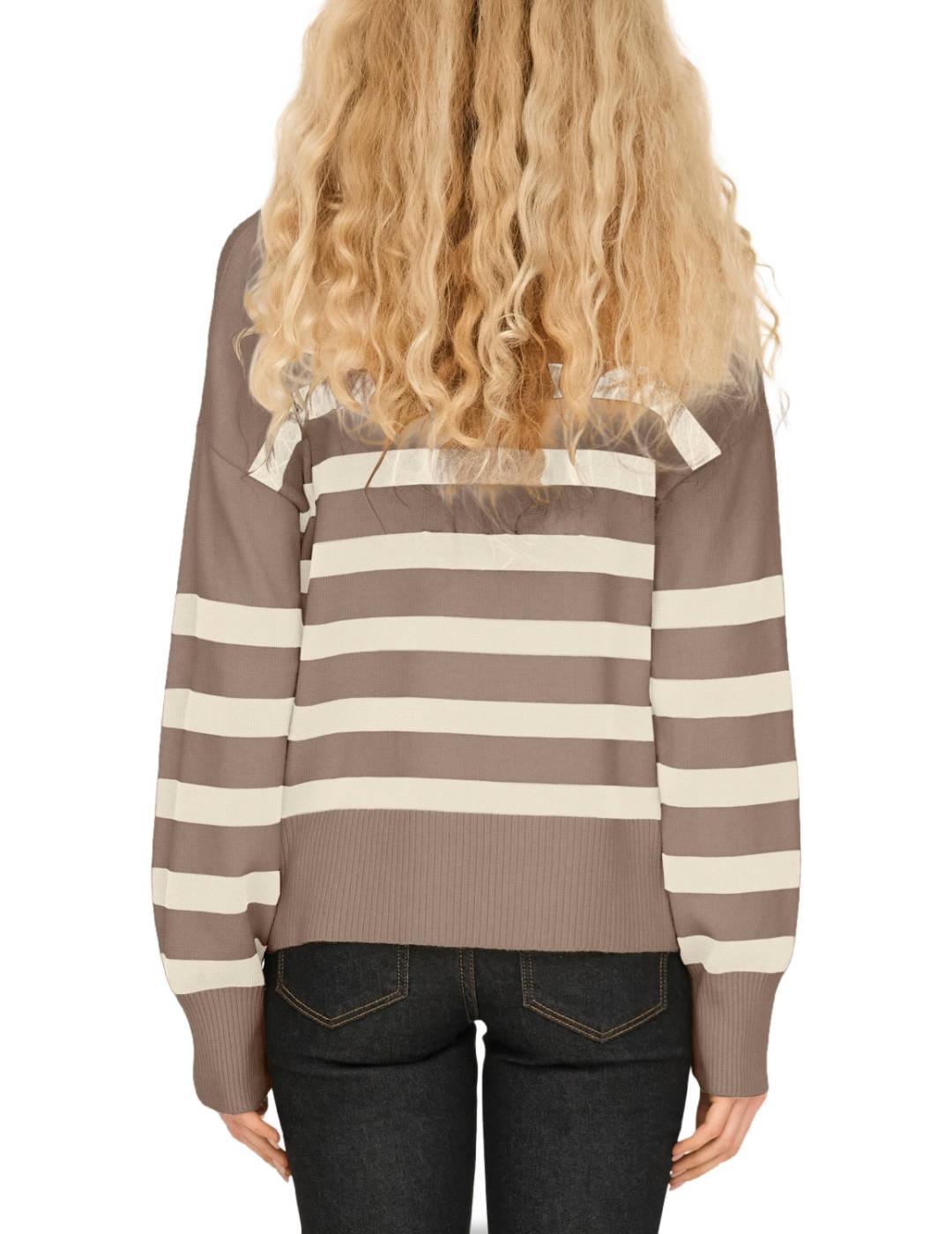 Jersey Only Bari marrón claro rayas beige cuello de mujer