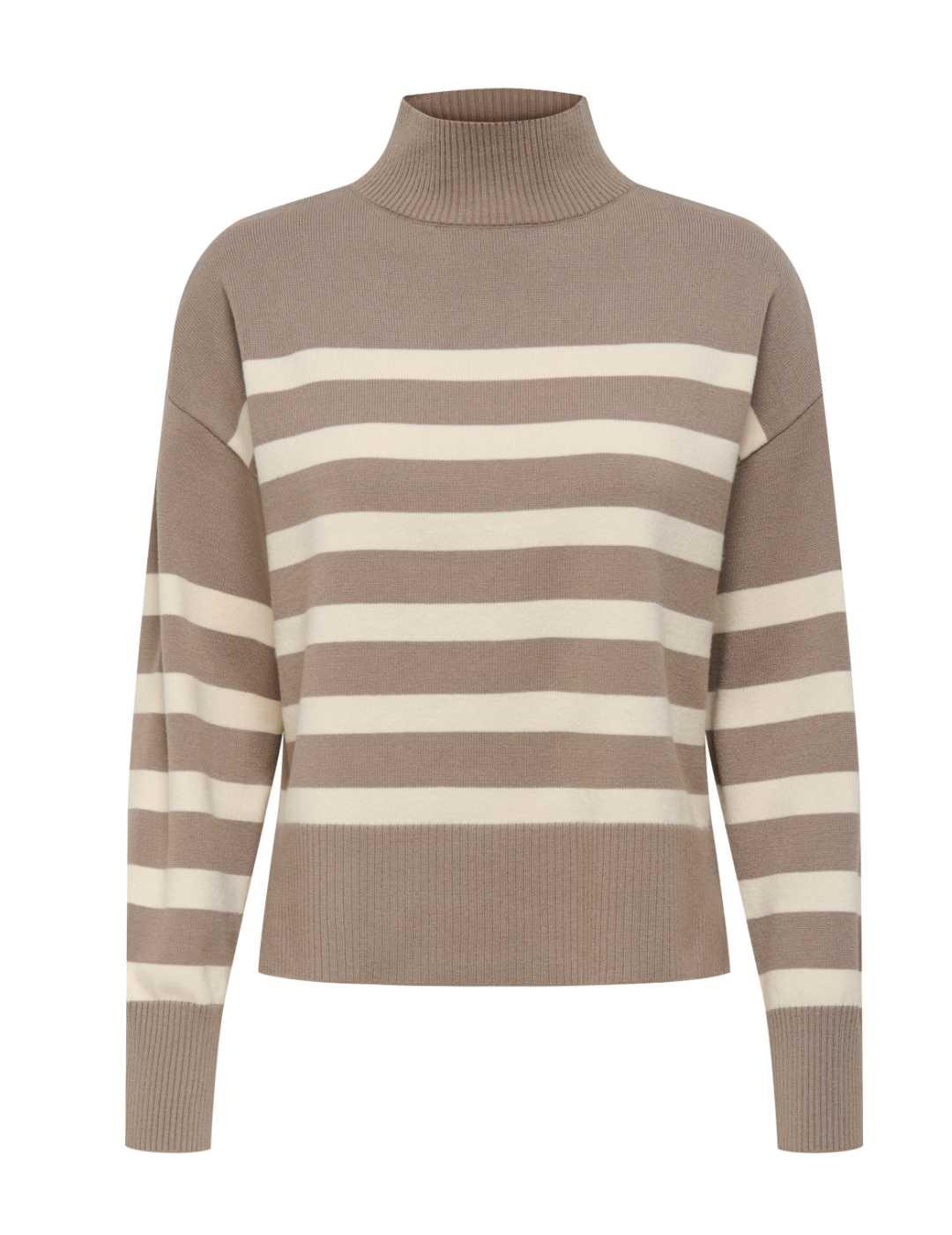 Jersey Only Bari marrón claro rayas beige cuello de mujer