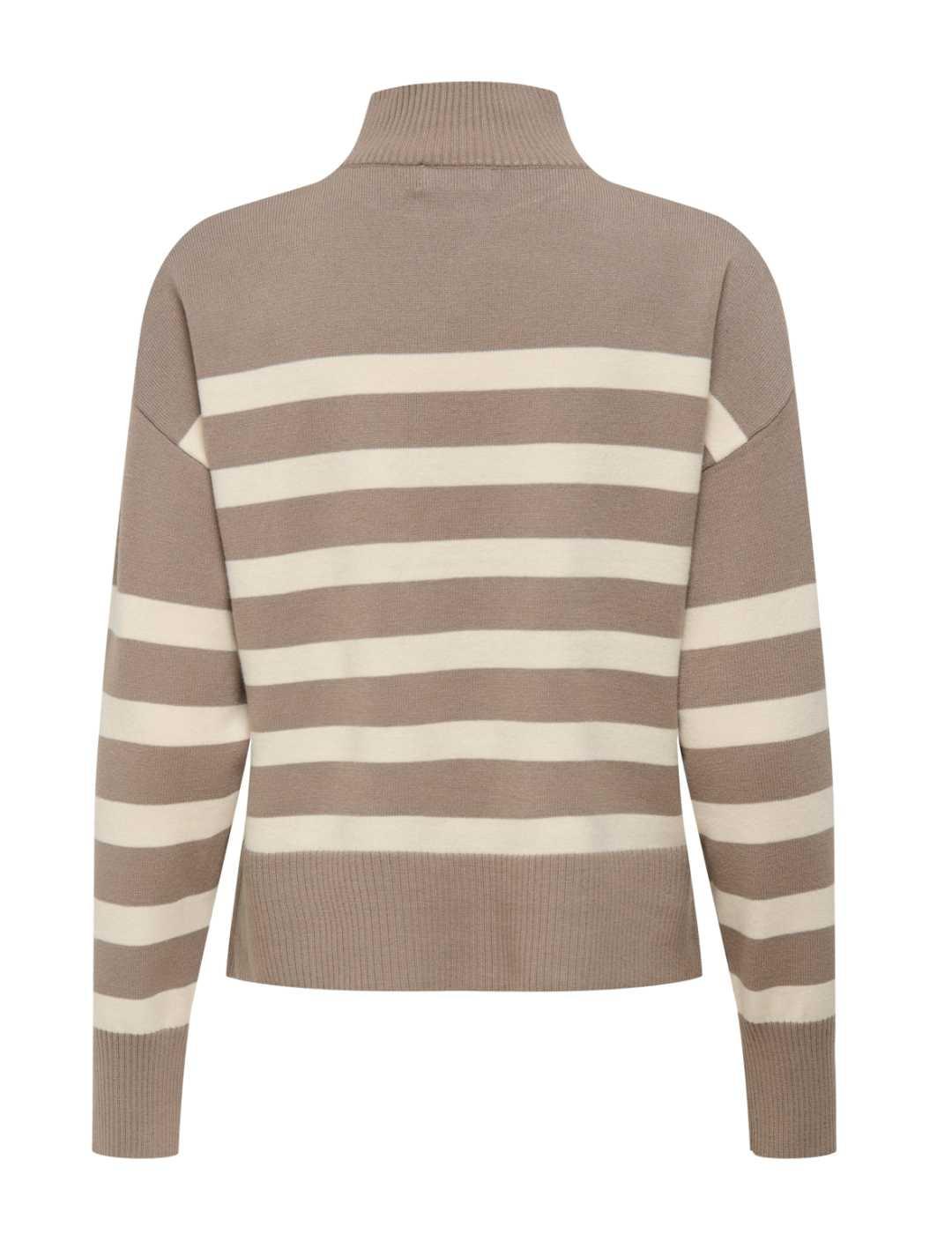 Jersey Only Bari marrón claro rayas beige cuello de mujer