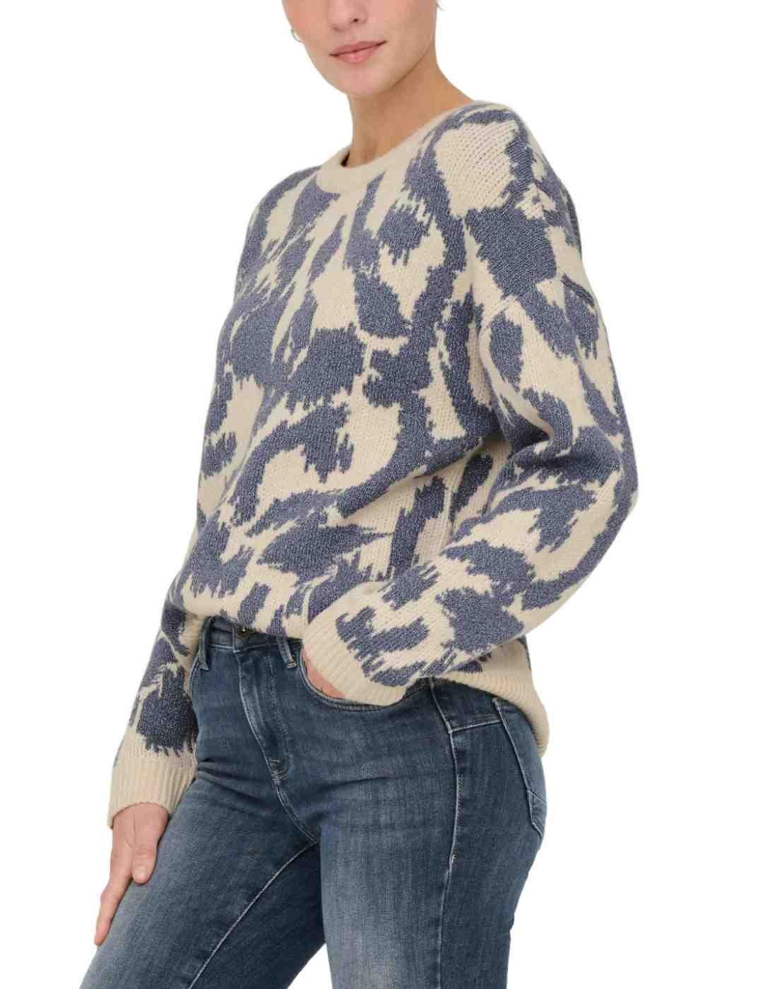 Jersey Only Gigi beige y azul punto grueso para mujer
