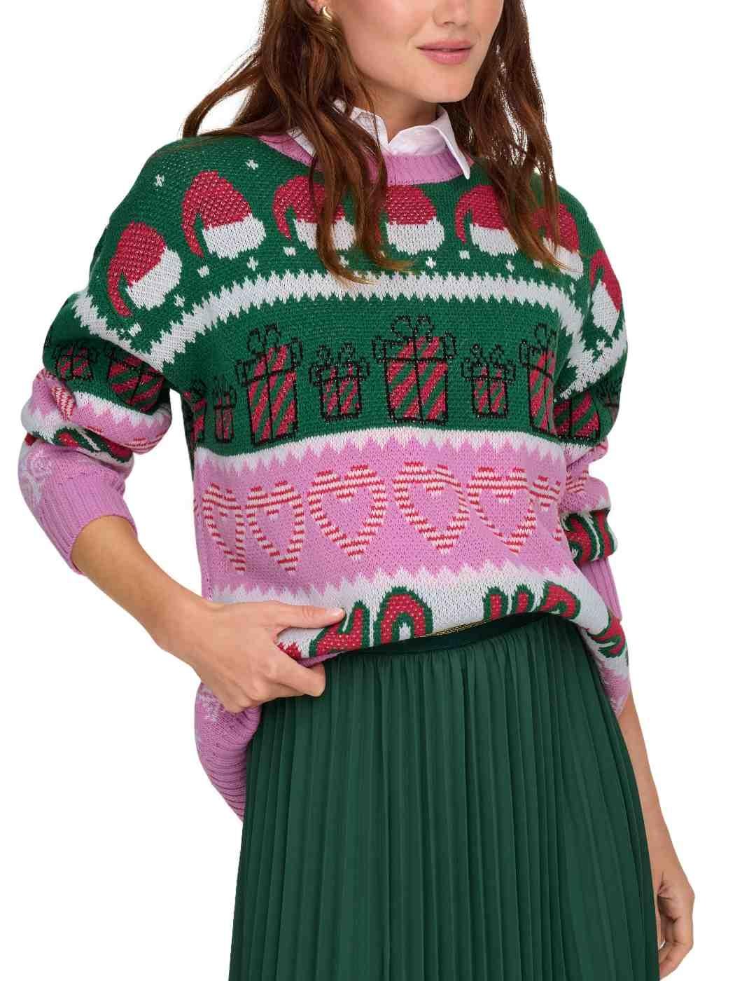 Jersey Only Xmas rosa y verde navideño para mujer