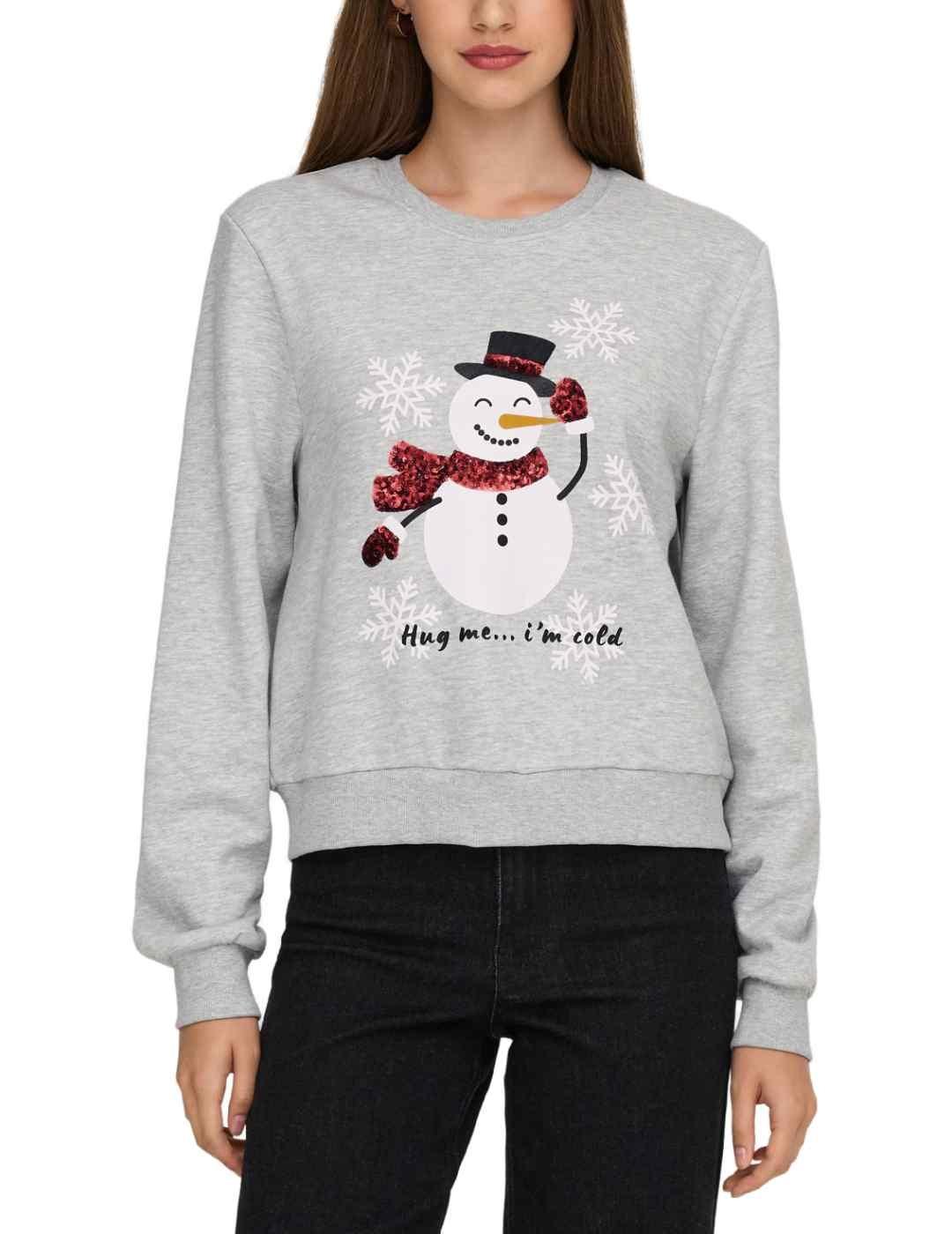 Sudadera Only Yda Xmas gris muñeco de nieve para mujer