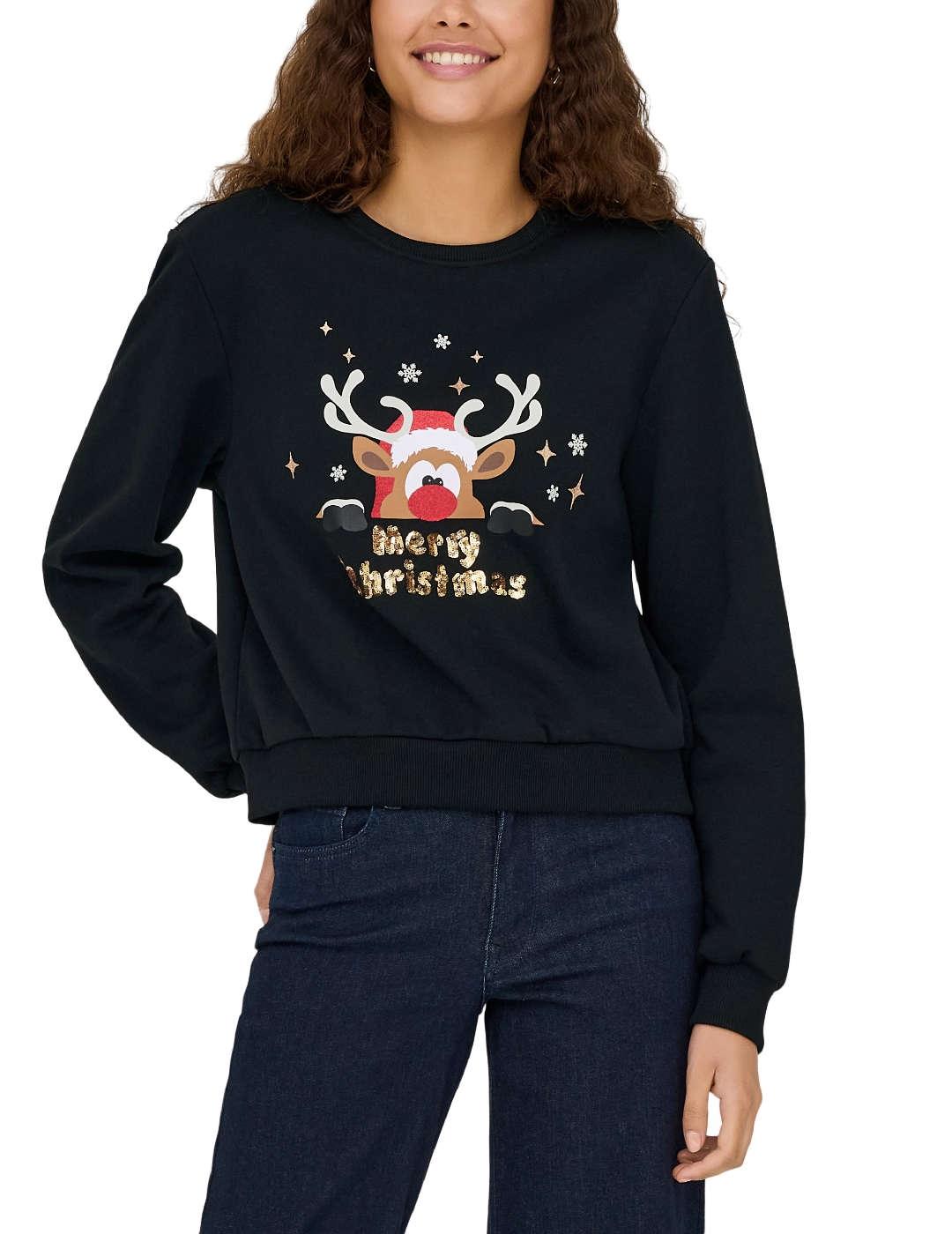 Sudadera Only Yda Xmas negro reno navideño para mujer