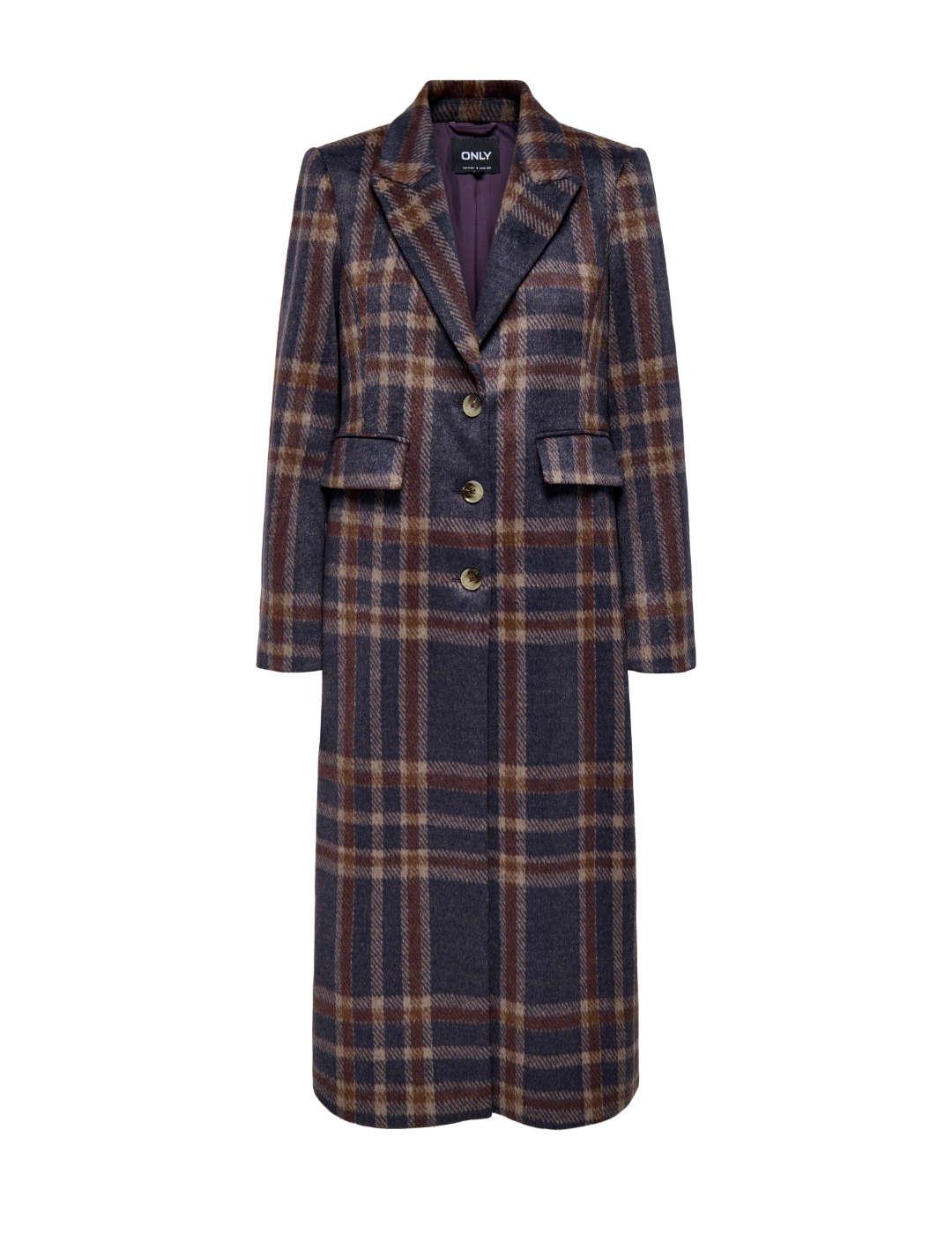 Abrigo Only Coris azul marino cuadros largo para mujer