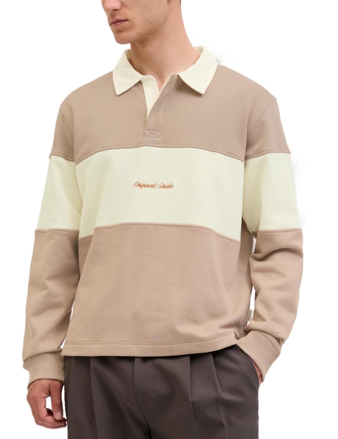 Polo Jack&Jones Norrebro beige y blanco manga larga hombre