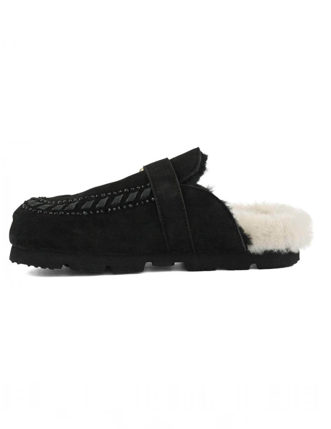 Zueco Mou Eskimo slipper con borrego y costuras negros mujer