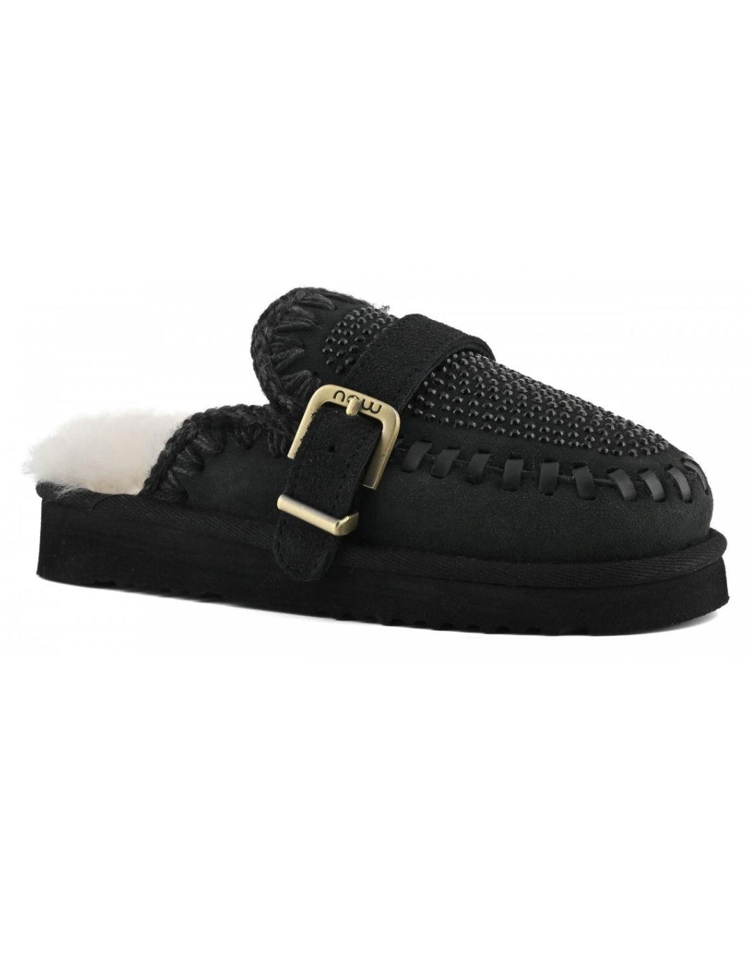 Zueco Mou Eskimo slipper con borrego y costuras negros mujer