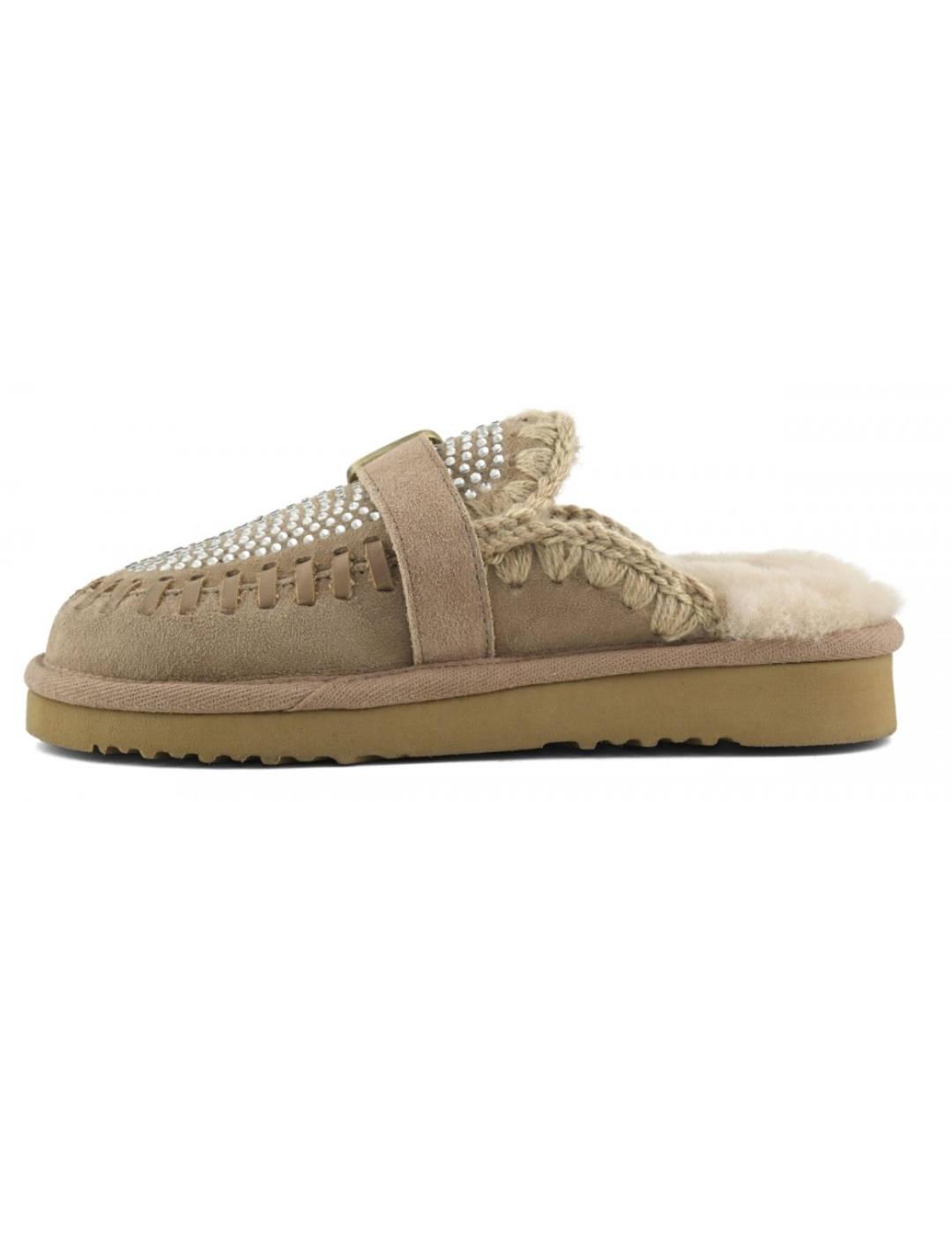 Zueco Mou Eskimo slipper con borrego y costuras camel mujer