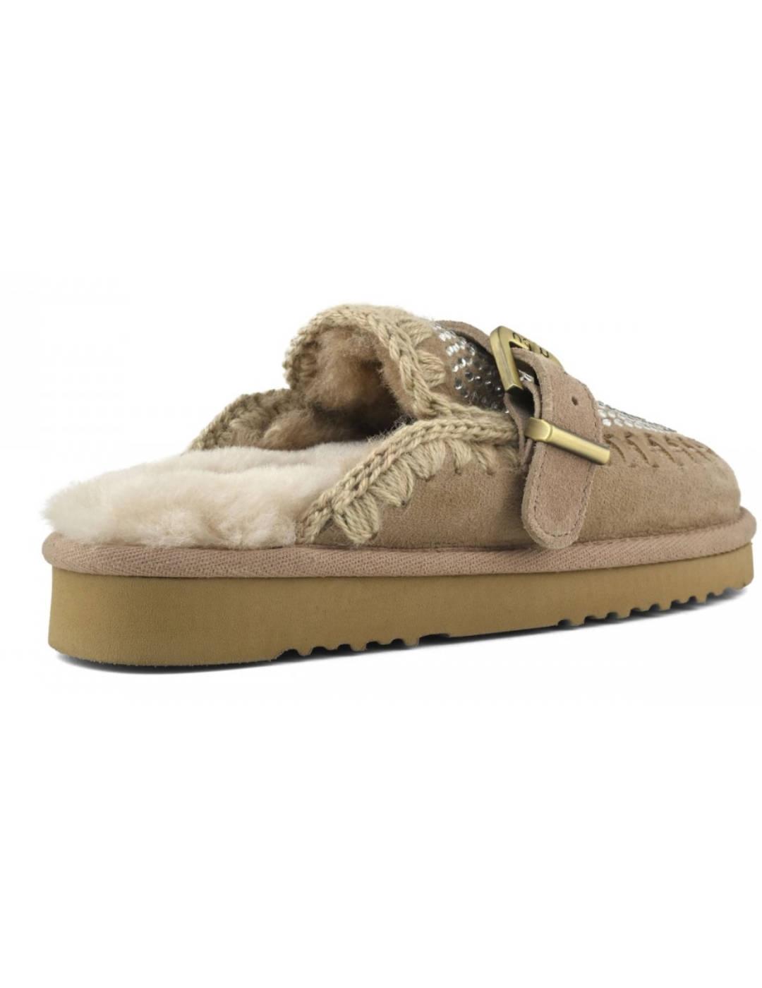 Zueco Mou Eskimo slipper con borrego y costuras camel mujer