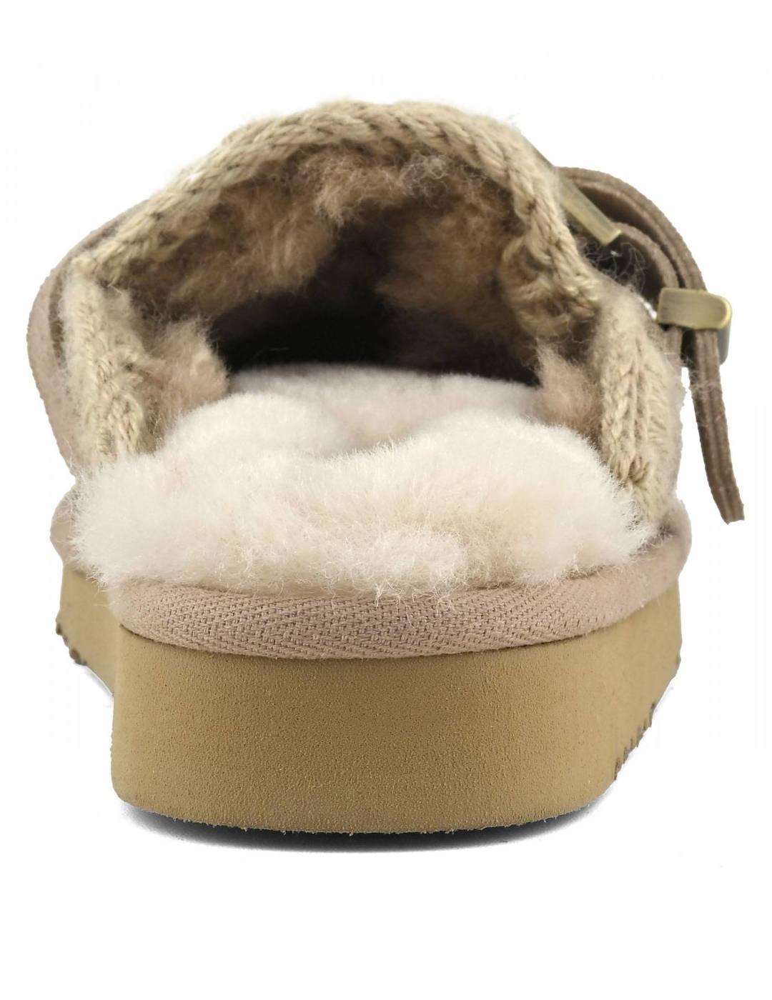 Zueco Mou Eskimo slipper con borrego y costuras camel mujer