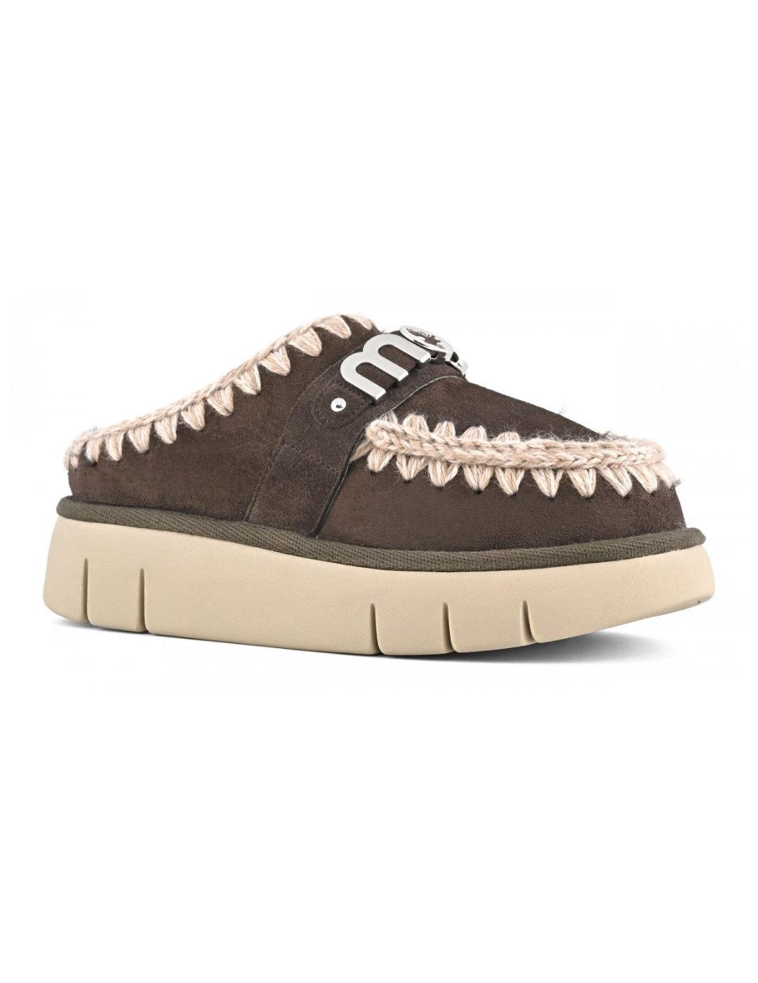 Zueco Mou Bounce logo marrón y beige borreguito para mujer