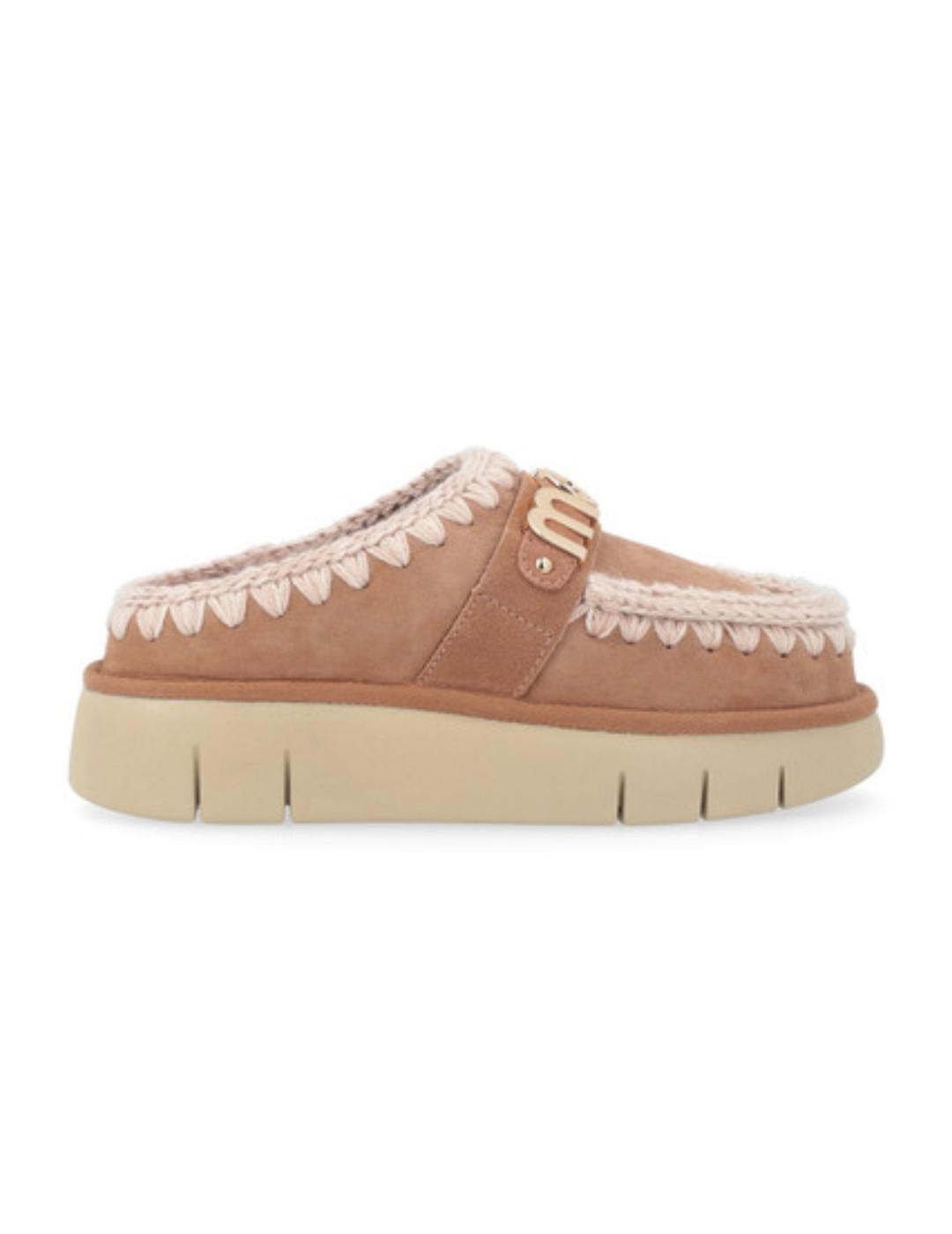 Zueco Mou Bounce logo camel y beige borreguito para mujer