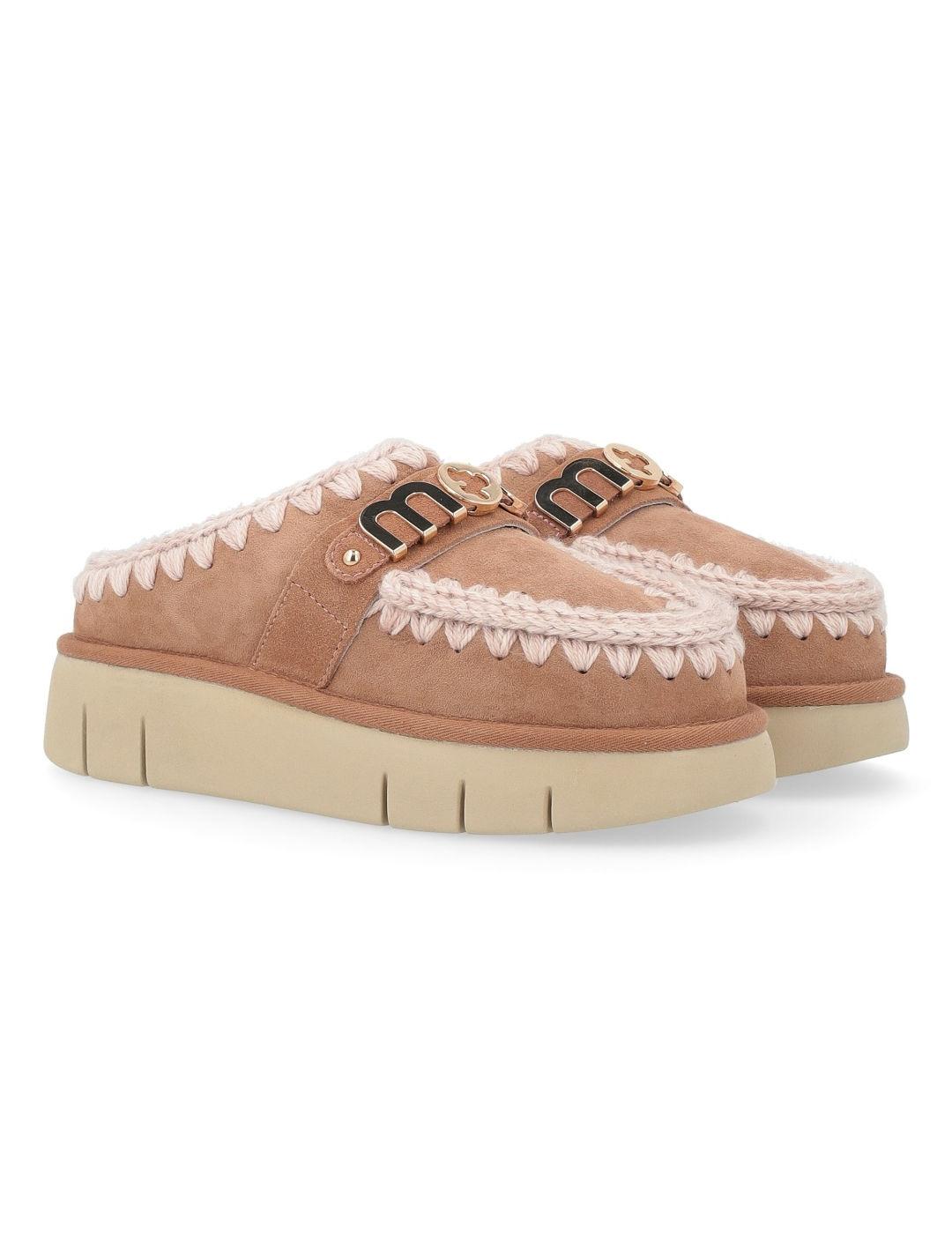 Zueco Mou Bounce logo camel y beige borreguito para mujer