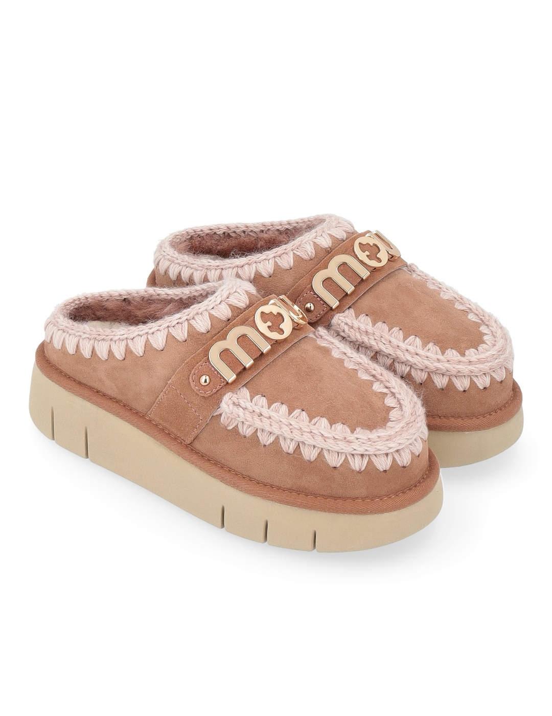 Zueco Mou Bounce logo camel y beige borreguito para mujer
