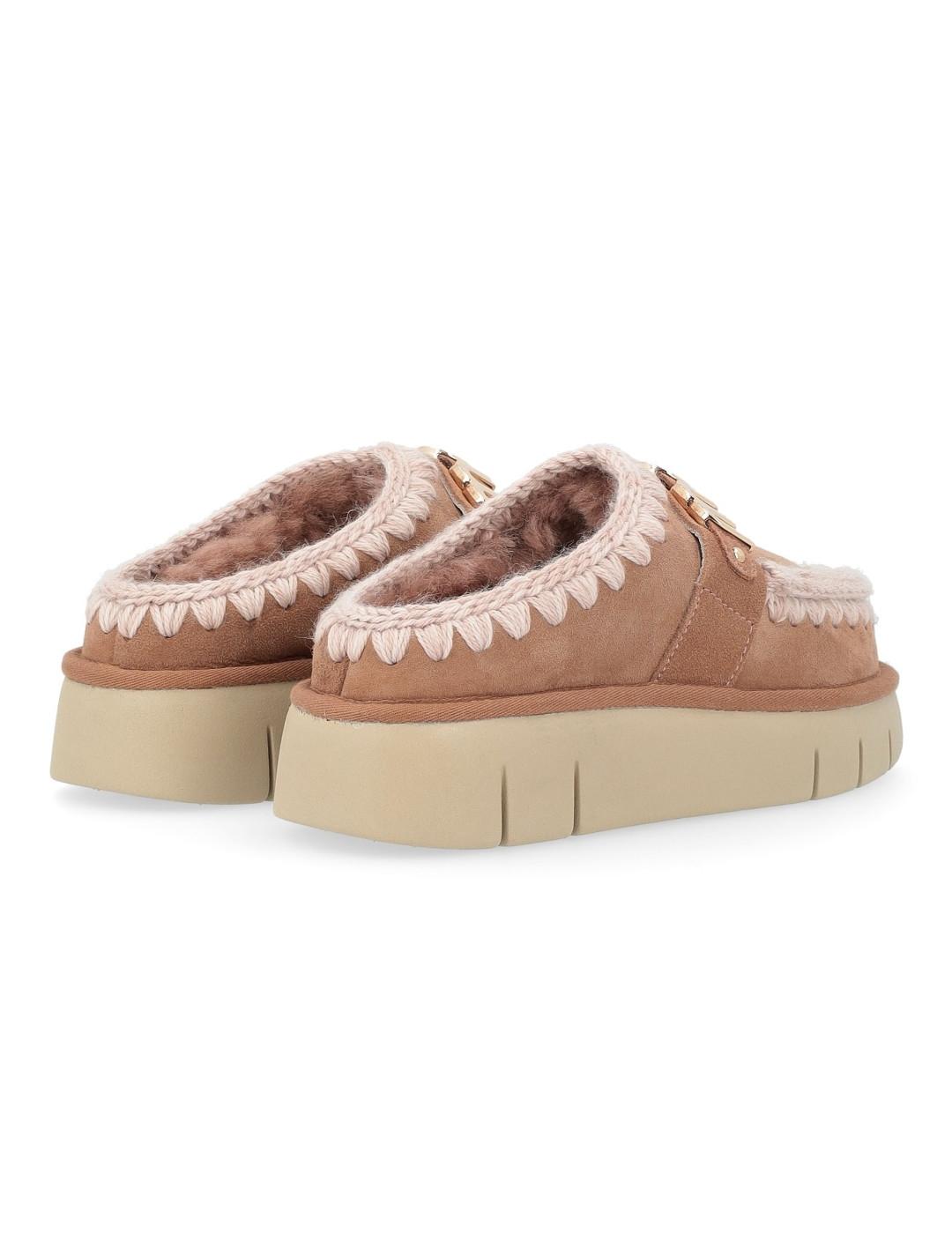 Zueco Mou Bounce logo camel y beige borreguito para mujer