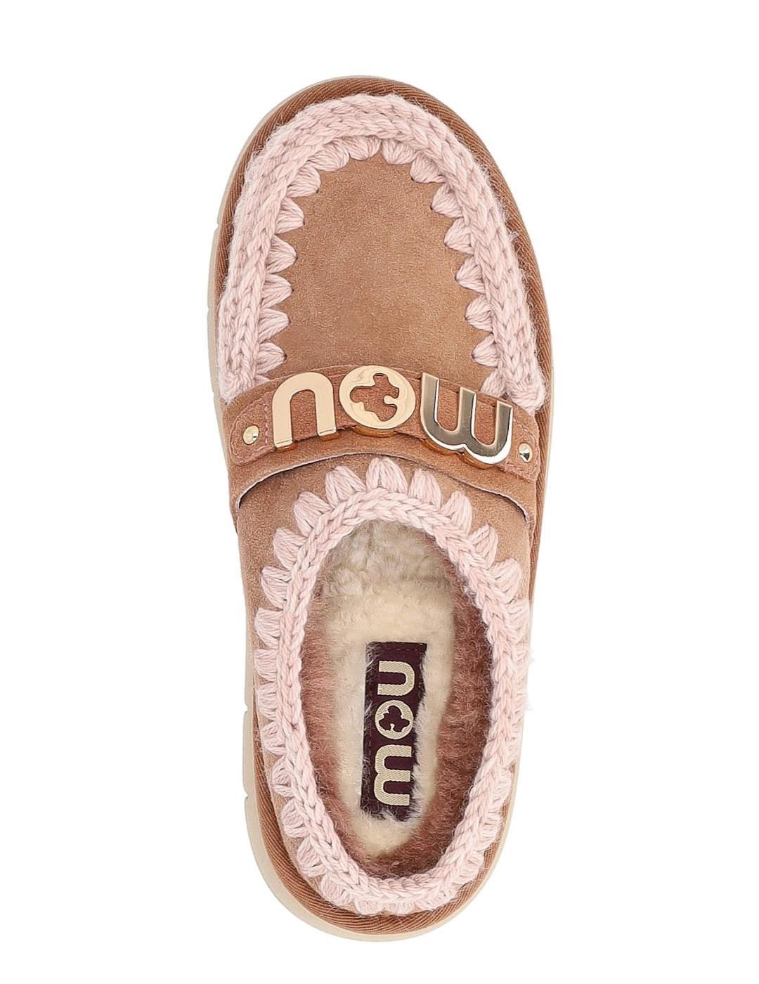 Zueco Mou Bounce logo camel y beige borreguito para mujer