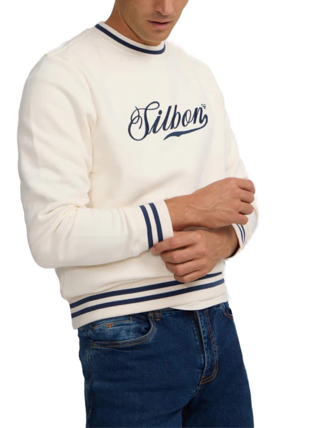 Sudadera Silbon Retro lettering crema detalle raya de hombre