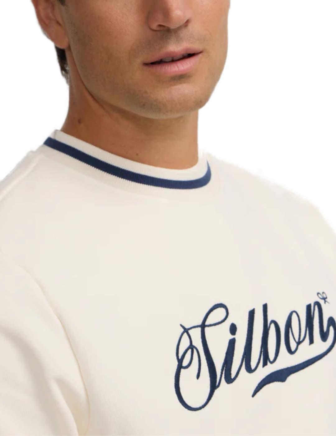 Sudadera Silbon Retro lettering crema detalle raya de hombre