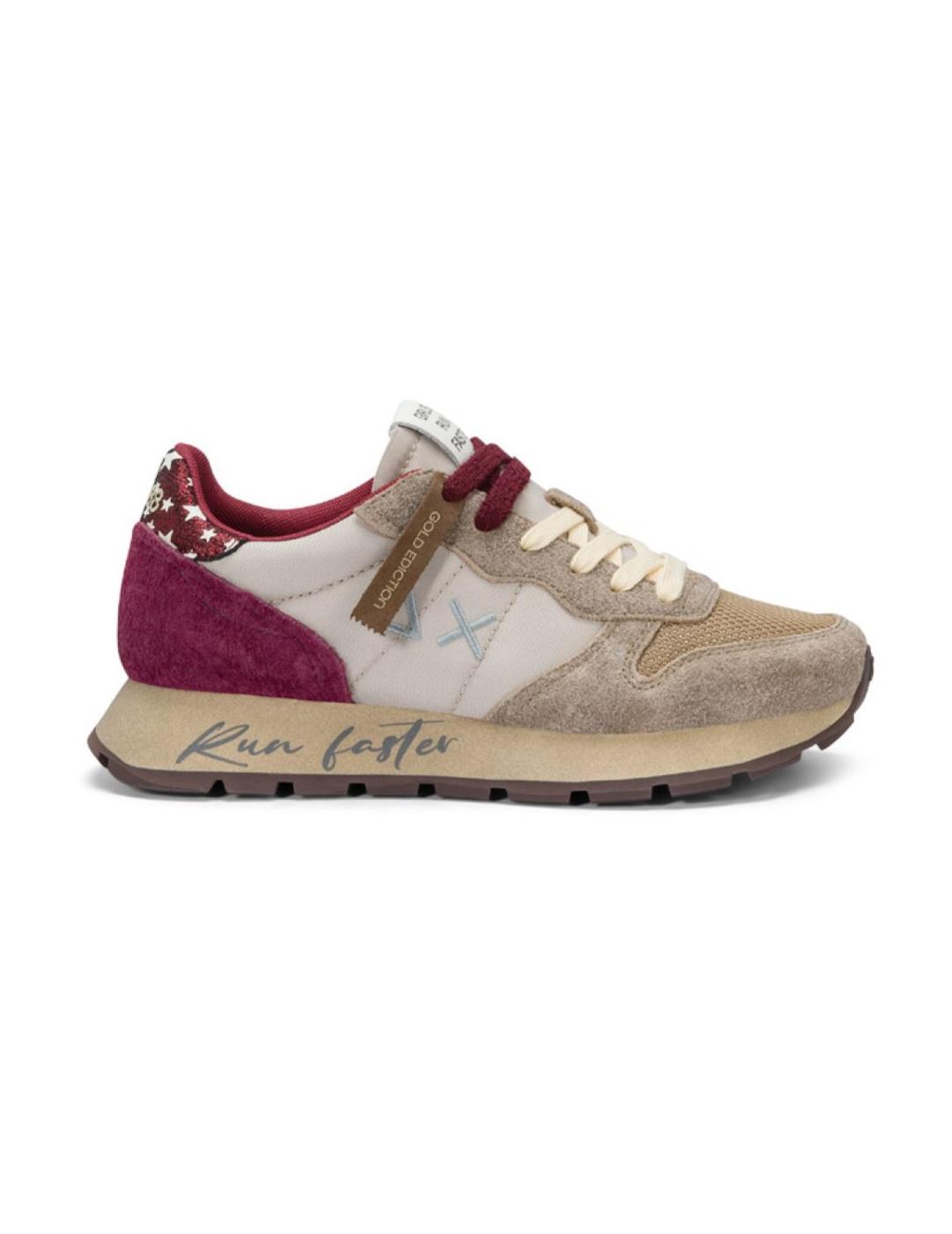 Zapatilla Sun68 Ally Vintage ante beige y burdeos de mujer