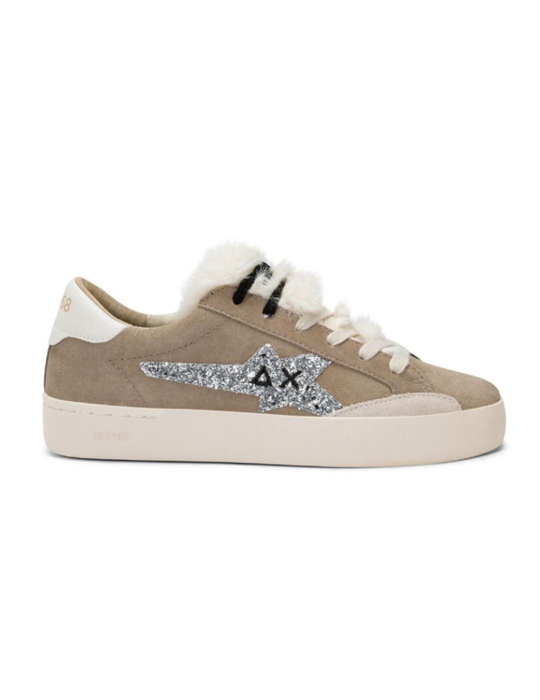 Zapatilla Sun68 Katy Winter beige logo glitter para mujer