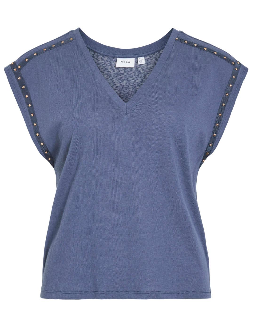Camiseta Vila Melsina cuello V azul tachuelas para mujer